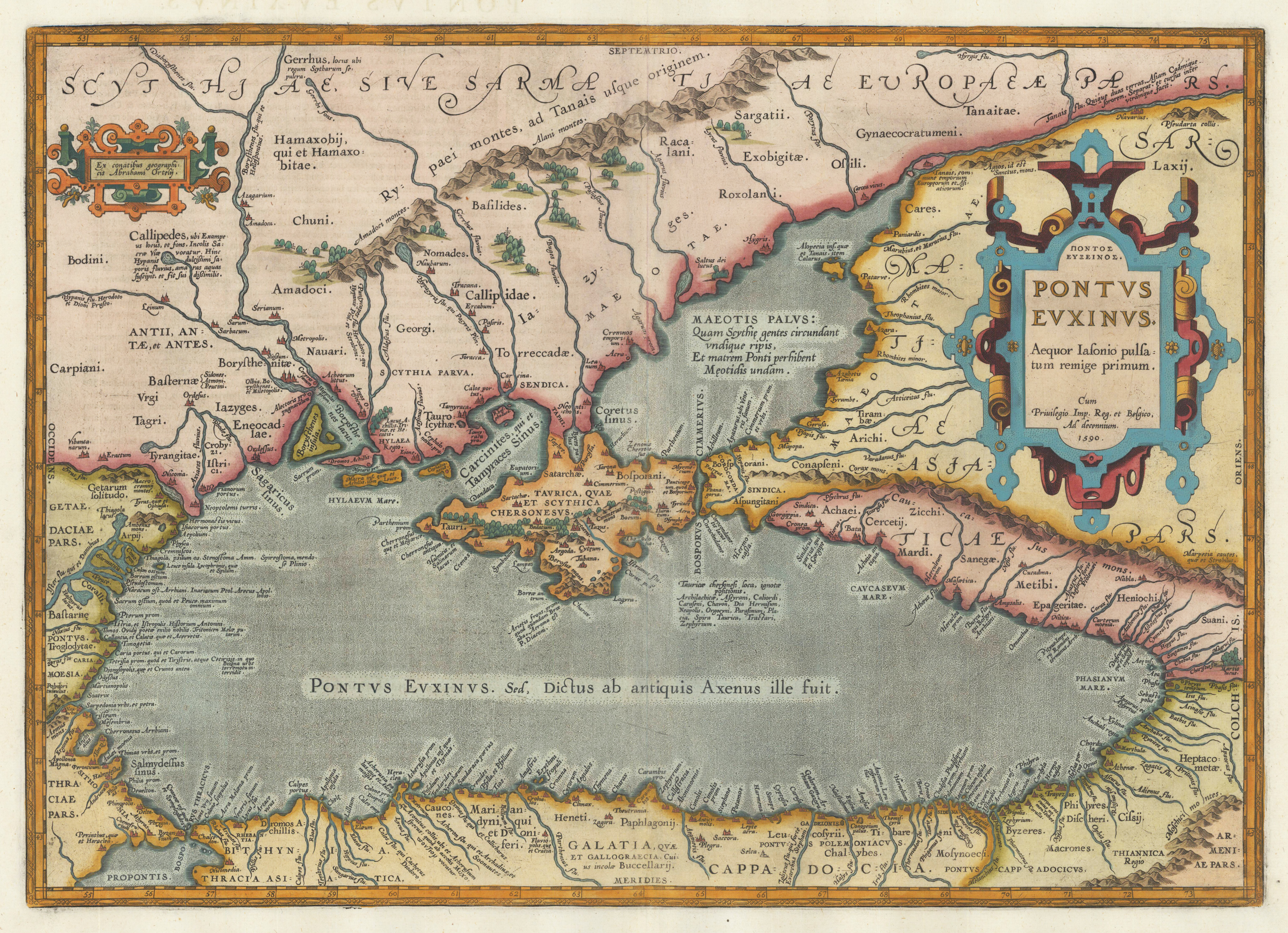 Pontus Euxinus. Aequor Iasonio pulsatum remige primum. Cum privilegio Imp. Reg. et Belgico Ad Decennium 1590.