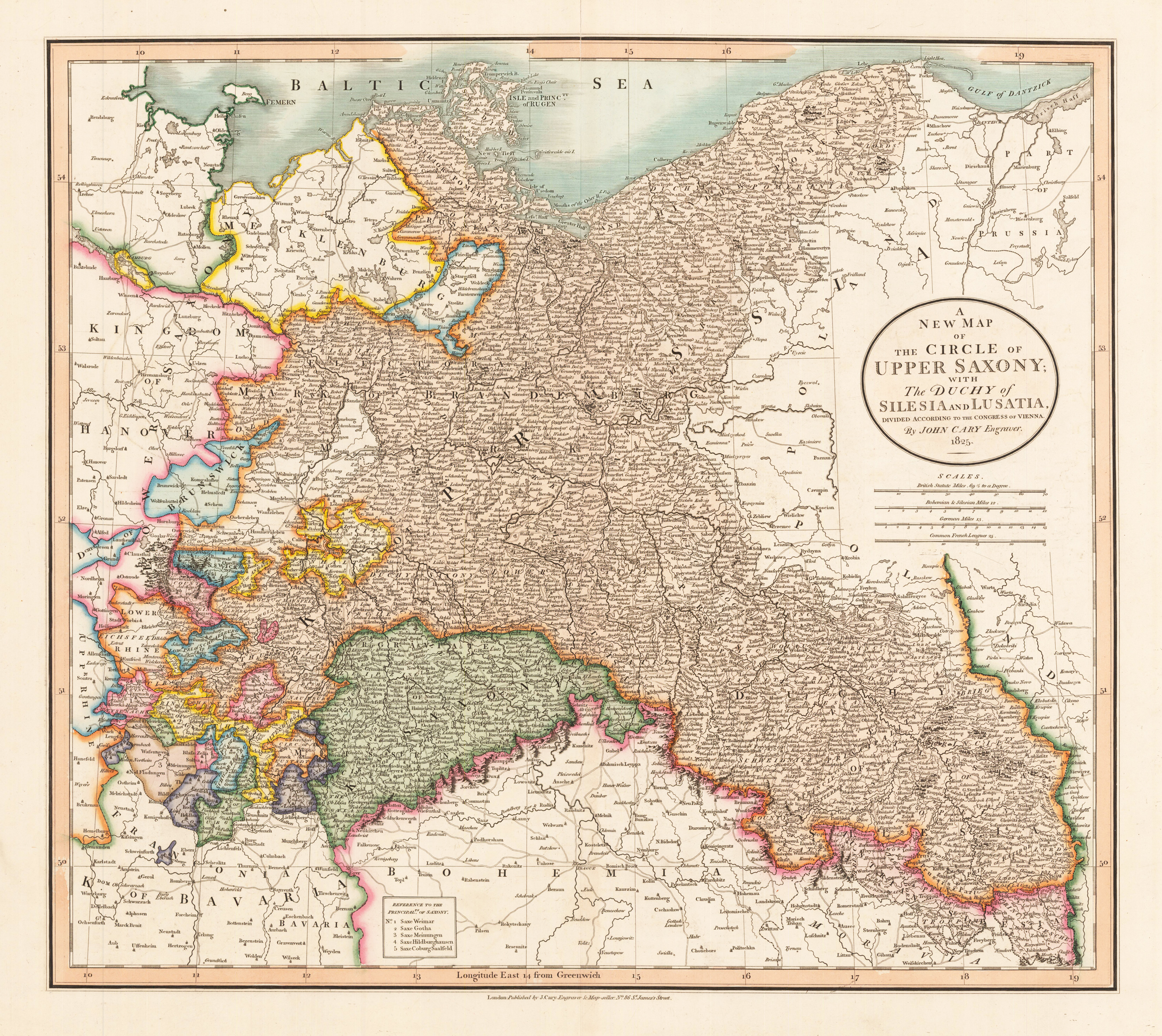 A New Map of the Circle of Upper Saxiony with the Duchy of Silesia an Lusatia, divided according to the Congress of Vienna. By John Cary Engraver. 1825.