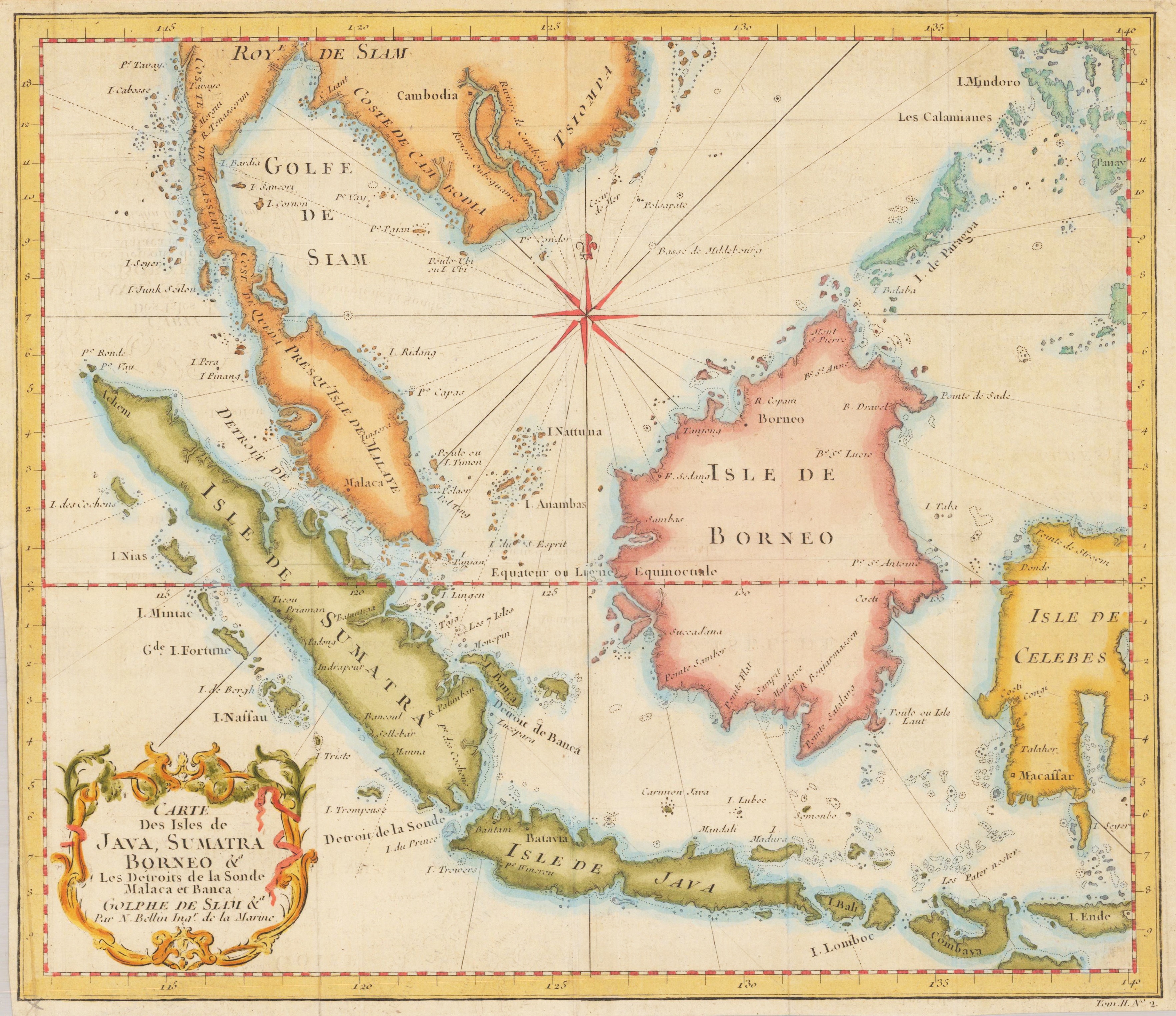 Carte des Isles de Java, Sumatra Borneo &amp; a les Détroits de la Sunde Malaca et Banca, GolfAugmentte de Siam &amp; Par N. Bellin Ingr. de la Marine. Augmentee sur des Remarques particulieres.