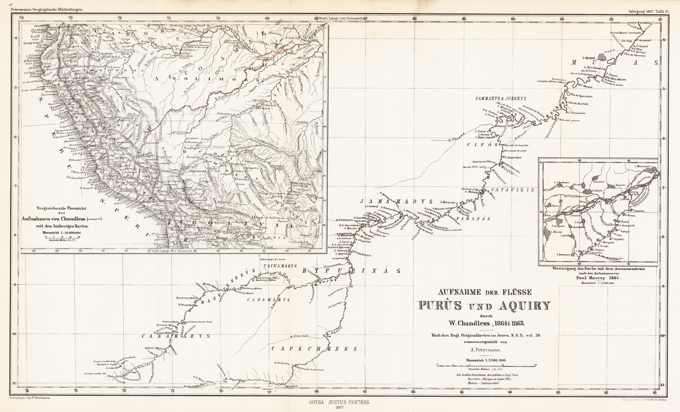 Aufnahme der Flüsse Purus und Aquiry durch W. Chandless, 1864 &amp; 1865. - Nach den Engl. Originalkarten im Journ. R.G.S. vol. 36 zusammengestellt von A. Petermann.
