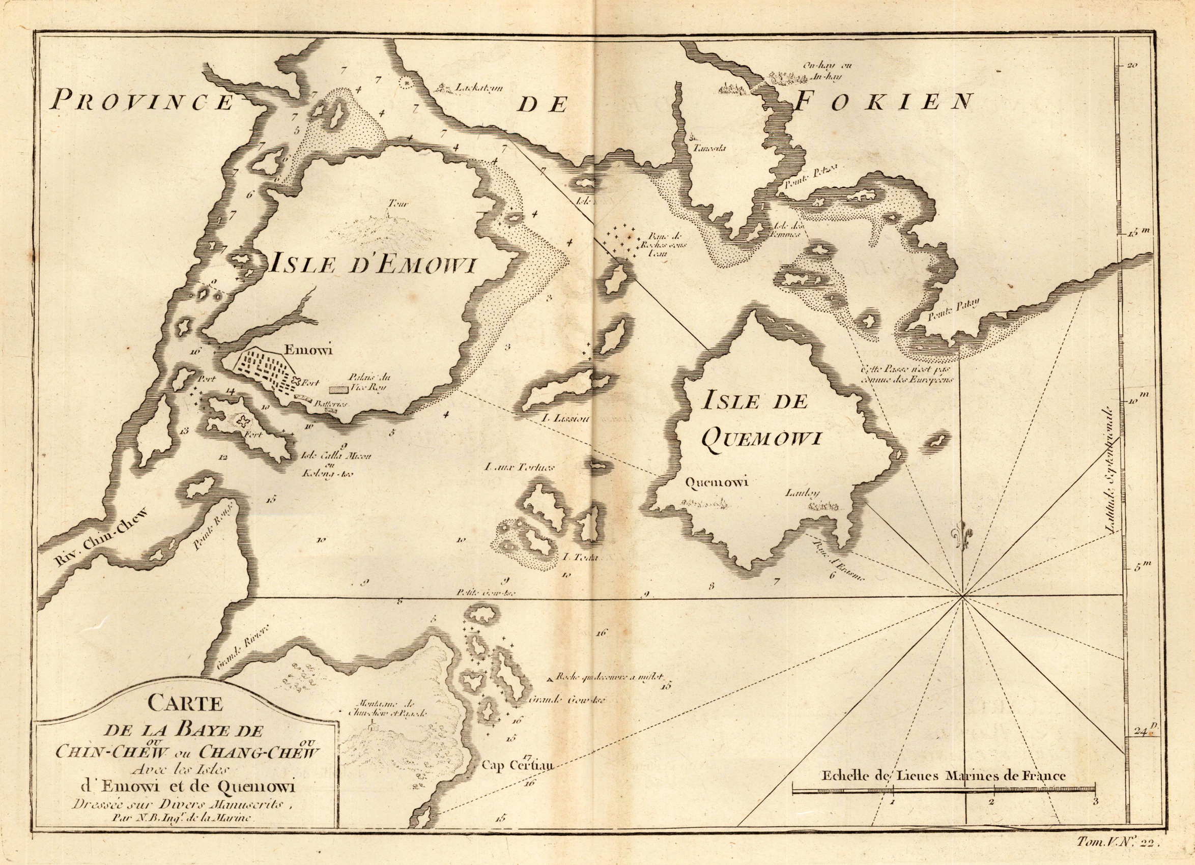 Carte de la Baye de Chin-Cheouw ou Chang-Cheouw Avec les Isles d´Emowi et de Quemowi Dressée sur Divers Manuserits, Par N. B. Ingr. de la Marine.