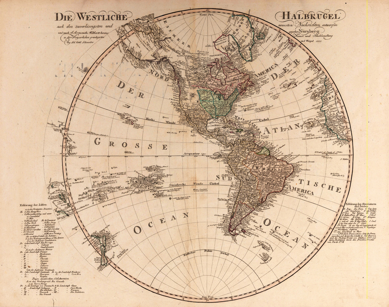 Die Westliche Halbkugel nach den zuverlässigsten und neuesten Nachrichten entworfen und nach A. Arrowsmiths Weltkarte heraus gegeben Nürnberg in der Kayserlichen privilegirten Kunst und Buchhandlung bey Ad. Gottl. Schneider und Weigel 1805.