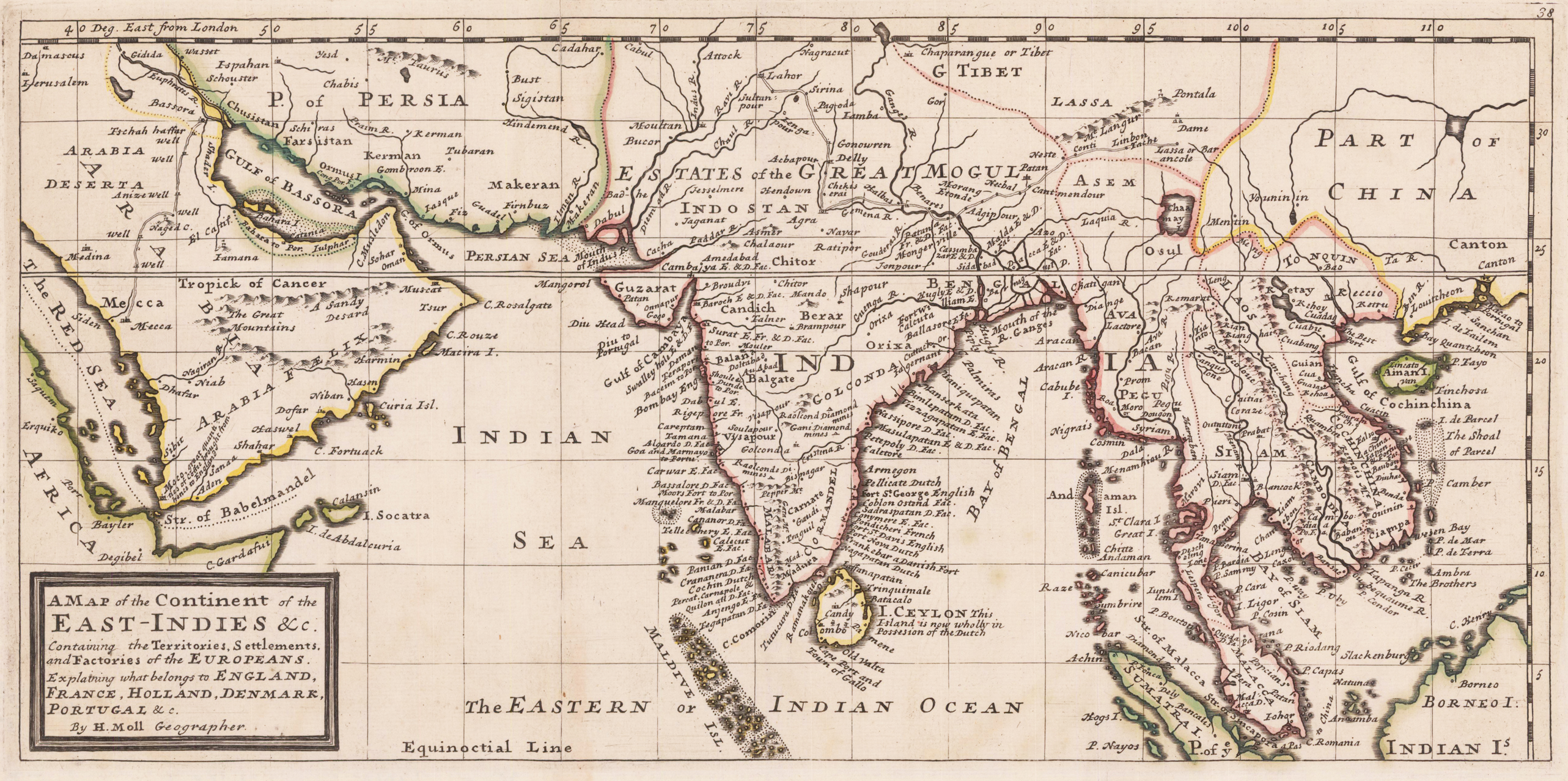 A map of Continent of the East-Indies &amp;c. Explaining what belongs to England, Spain and Holland &amp;c. - By H. Moll Geographer.