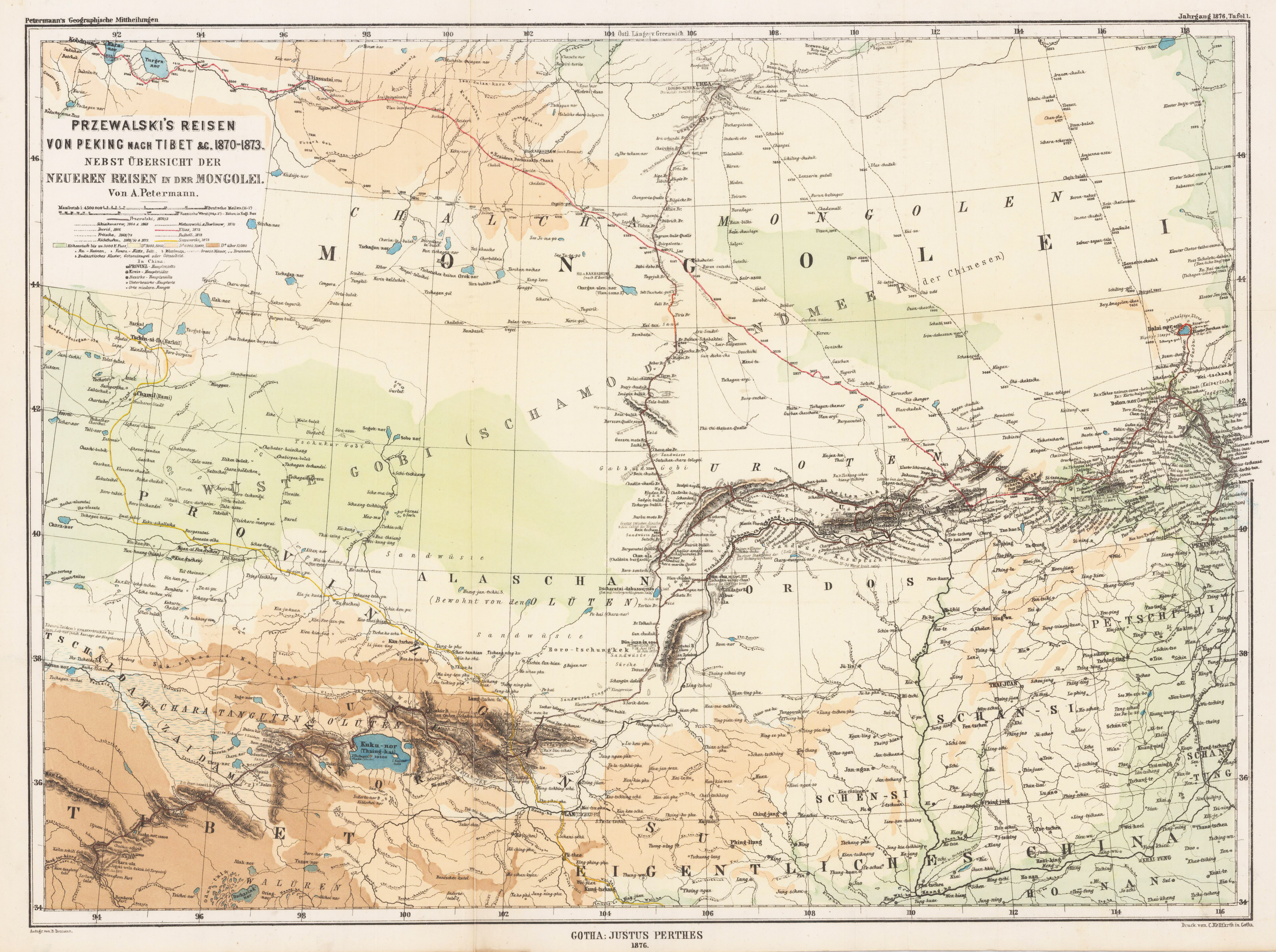 Przewalski`s Reisen von Peking nach Tibet &amp;c. 1870-1873. Nebst Übersicht der neueren Reisen in der Mongolei. Von A. Petermann.