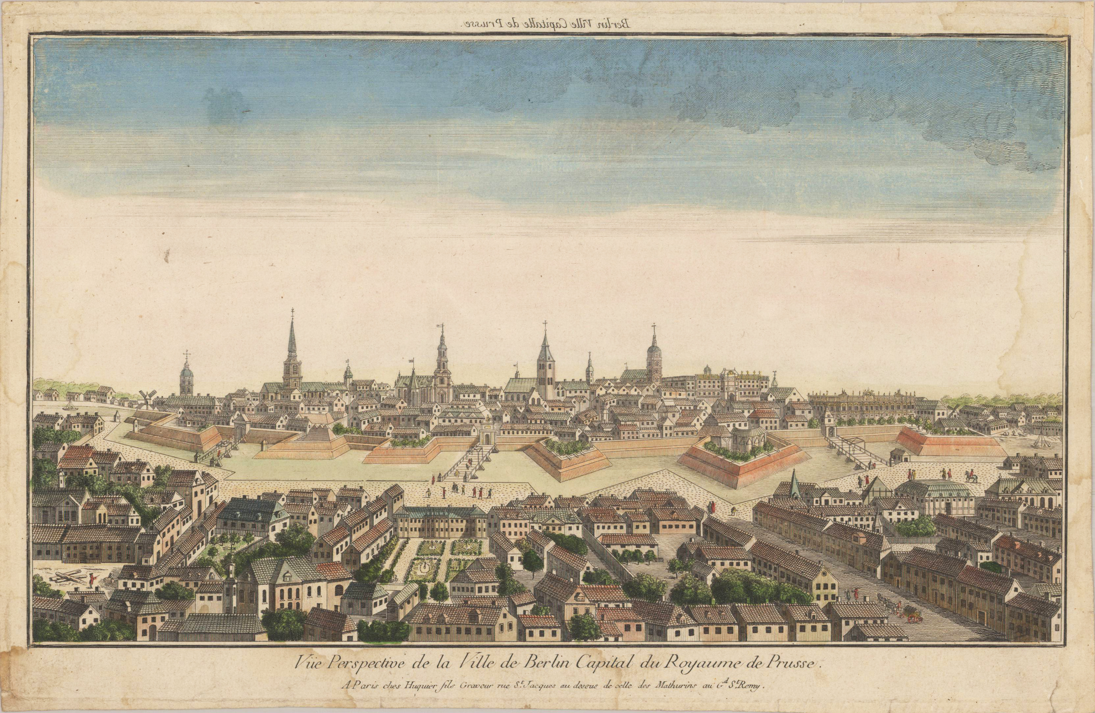 Vüe Perspective de la Ville de Berlin Capital du Royaume de Prusse. A Paris ches Huquier fils Graveur rue St. Jaques au dessus de celle des Mathurins au Gd Sl. Remy.