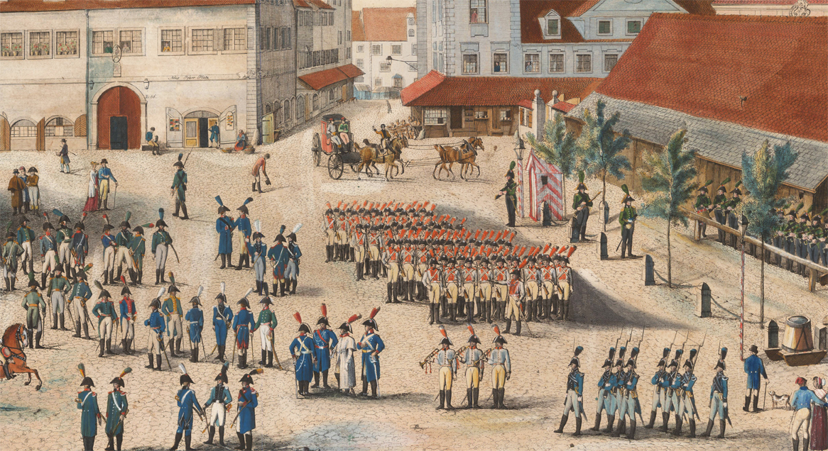(Darstellung des Neuen Pfarr Platzes der Fürstl. Primatischen Residenzstadt Regensburg, nebst Abbildung einer solennen Wachtparade des neuorganisirten und uniformirten bürgerlichen Militärs daselbst in dem Jahre 1807)