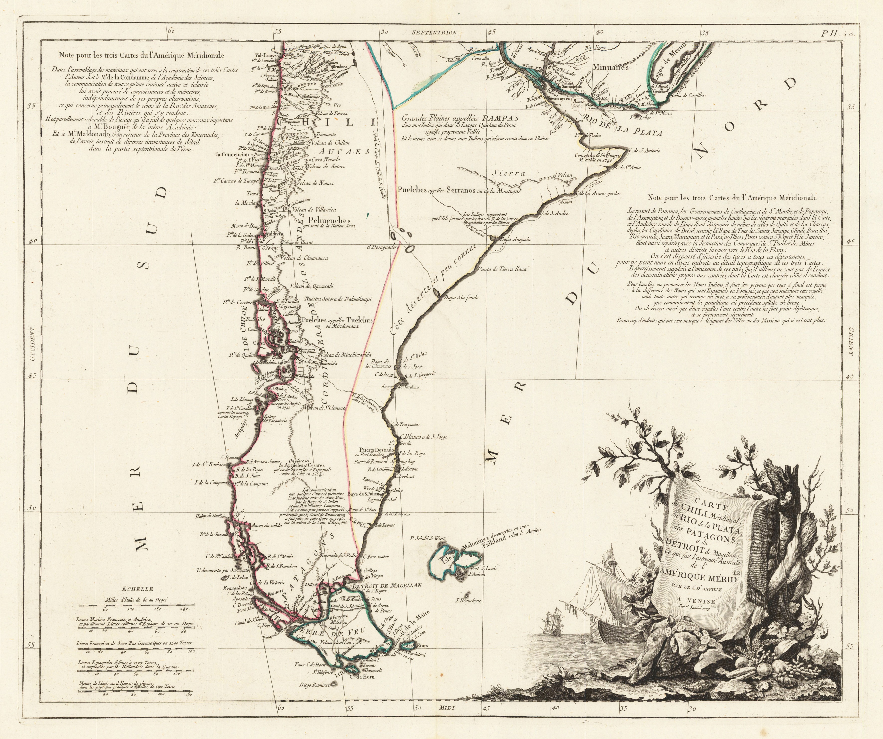 Carte du Chili Méridional, du Rio de la Plata, des Patogons, et du Détroit de Magellan, Ce qui fait l`estremité Australe de l`Amérique Mérid le Par le Sr. D'  Anville A`Venise Par P. SAntini 1779.