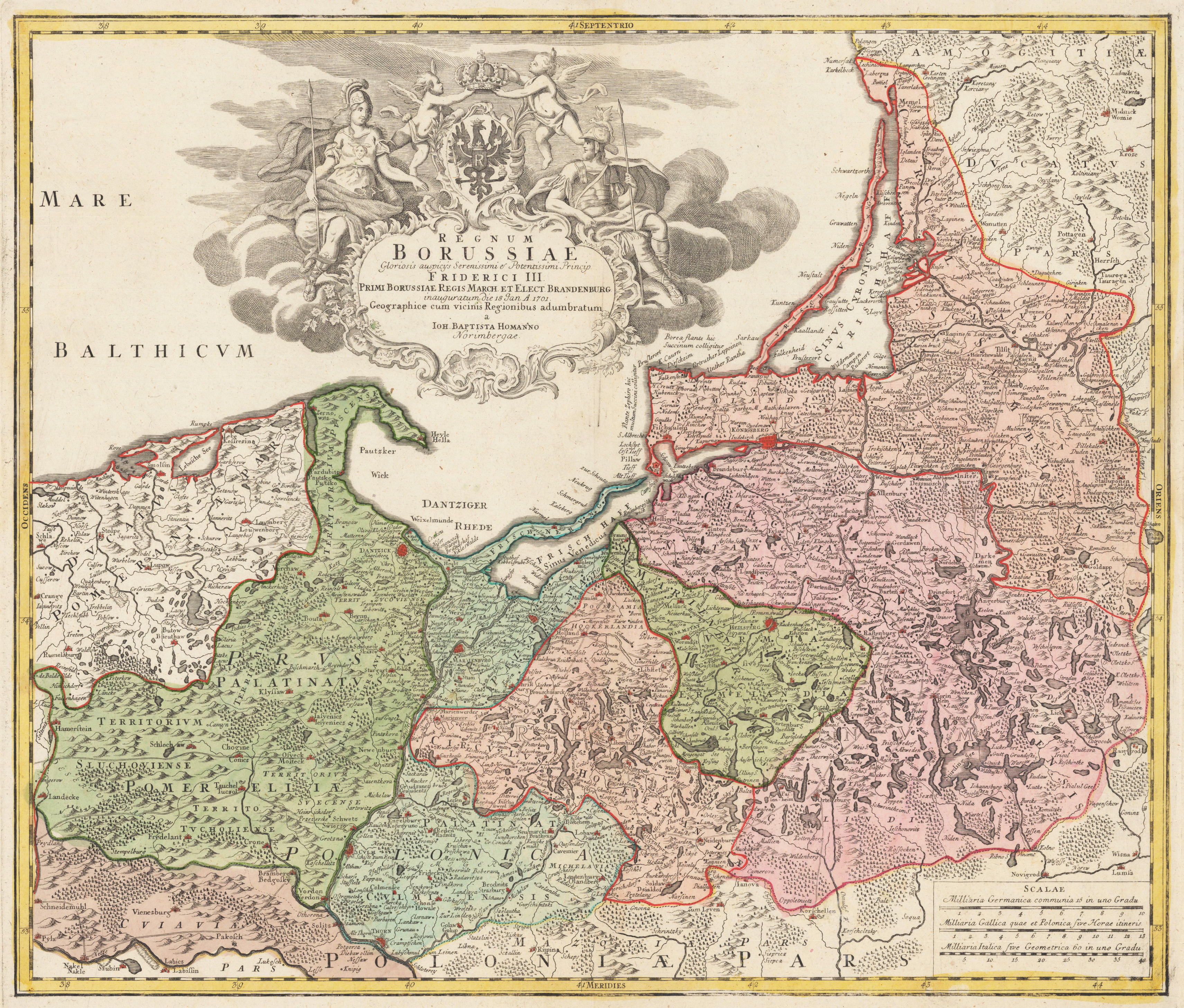 Regnum Borussiae gloriosis auspiciis Serenissimi et Potentissimi Prinip Friderici III. Primi Borussiae Regis March et Elect. Bran. inauguratum die 18 Jan. A. 1701. Geographice cum vicinis Regionibus adumbratum a Ioh. Baptista Homanno Norimbergae