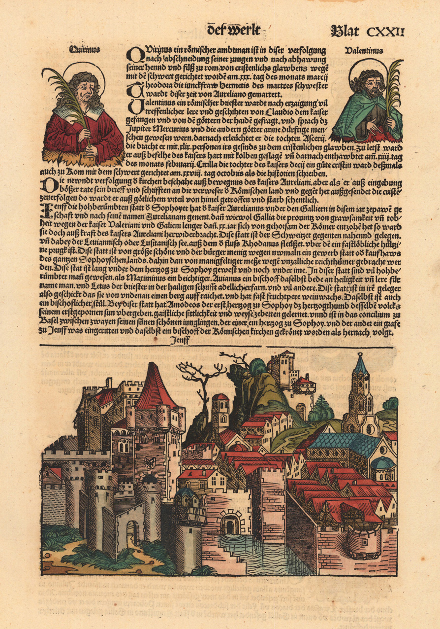 [ German textpage with woodcut illustrations, colored]: Blat CXXII ]
