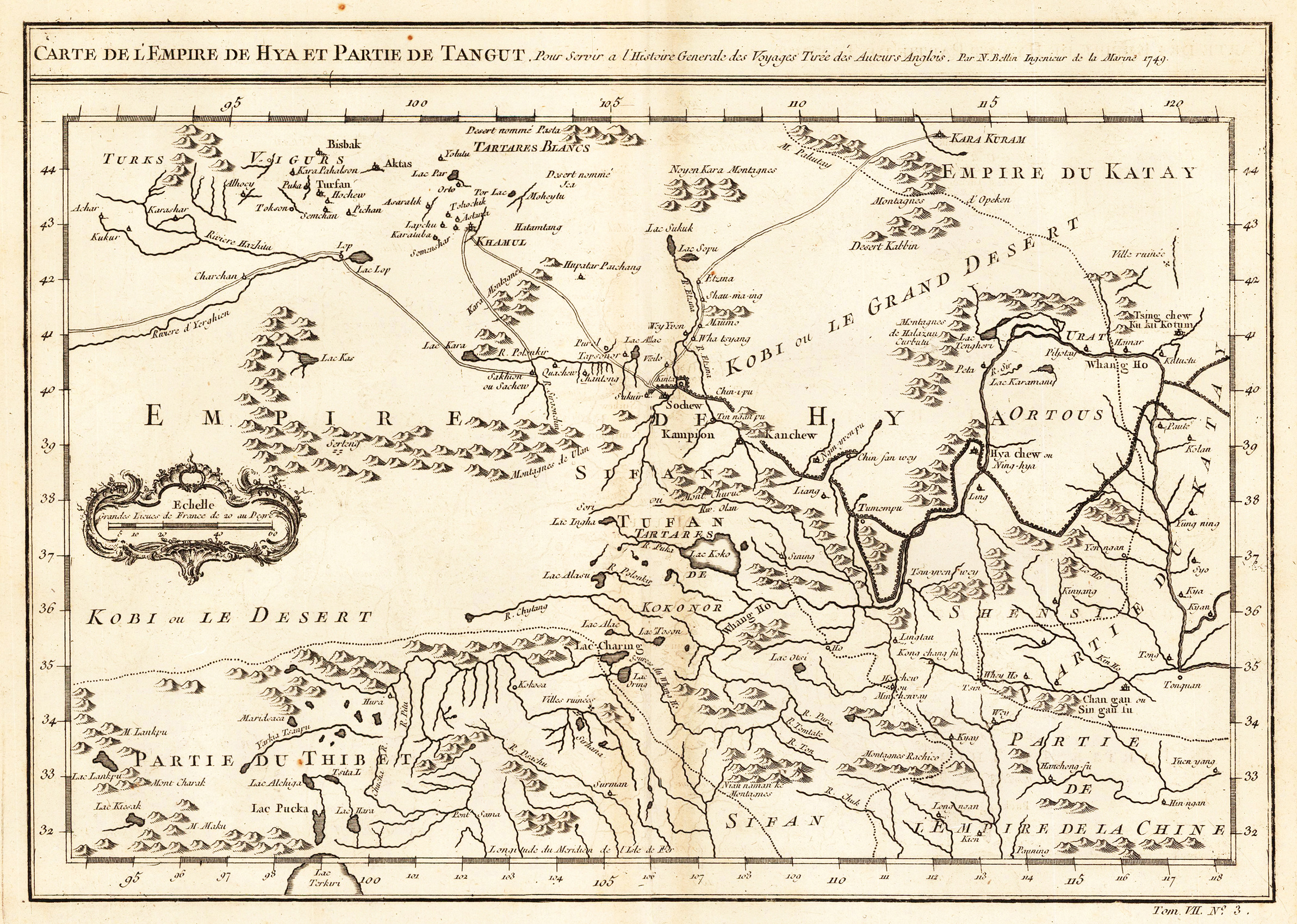 Carte de L`Empire de Hya et Partie de Tangut, Pour servir a l`Histoire Generale des Voyages Tirée des Auteurs Anglois. Par N. Bellin Ingenieur de la Marine 1749.