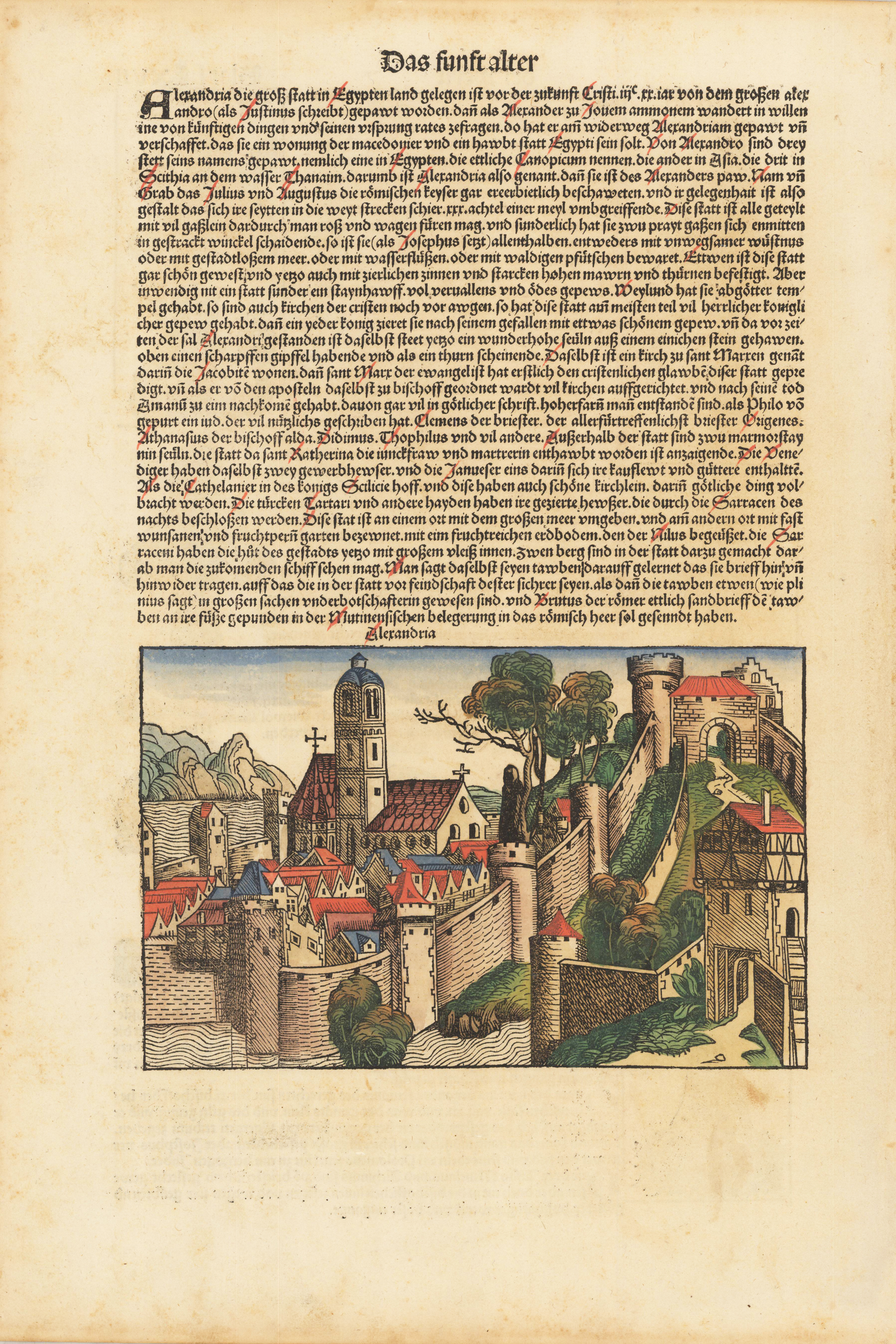 [German textpage with woodcut illustrations, later hand colored]: Blat LXVII