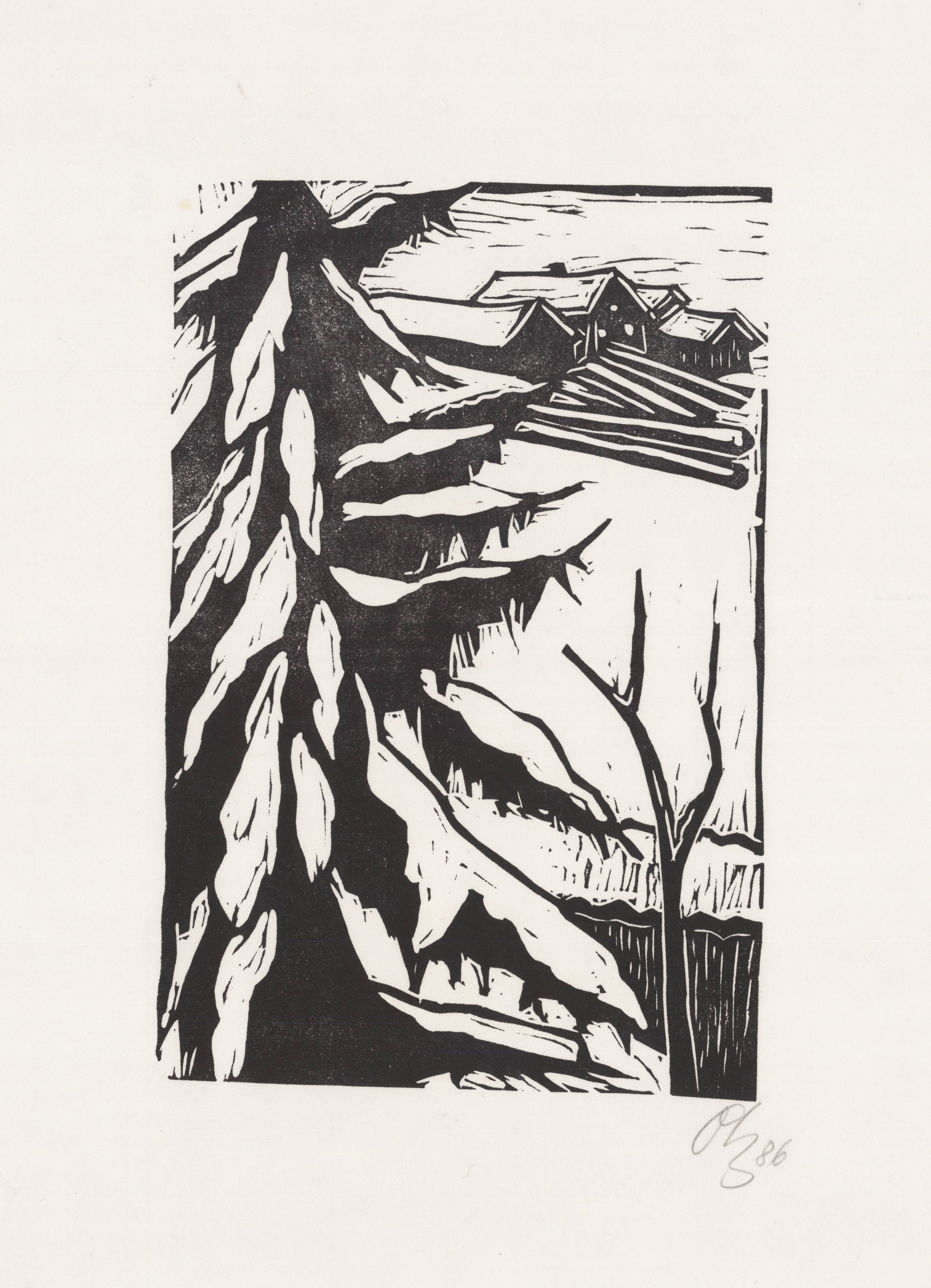 Baum mit Winterlandschaft und Dorfansicht