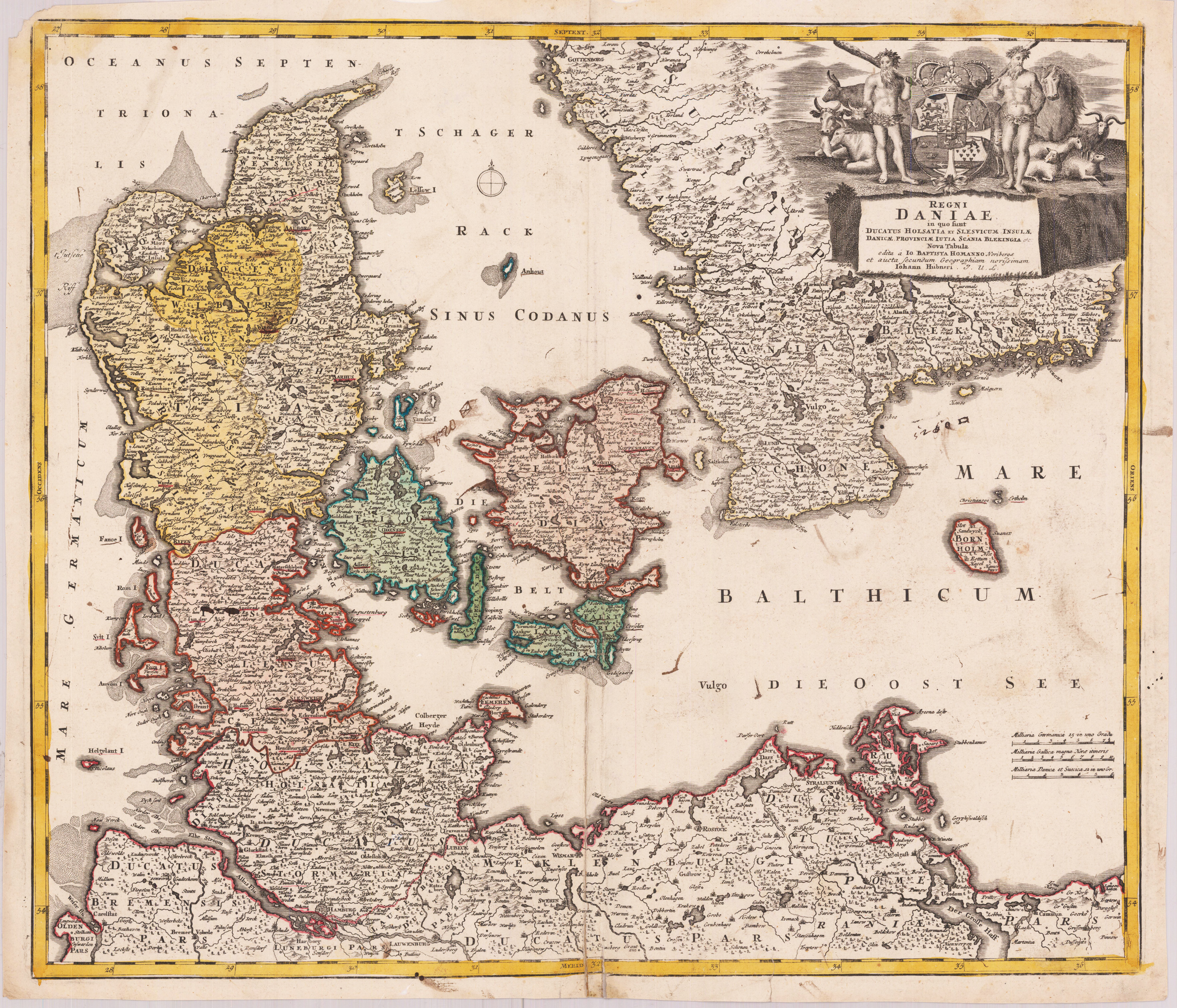 REGNI DANIAE - in quo funt DUCATUS HOLSATIA ET SLESVICUM INSULAE DANICAE, PROINCIAE IUTIA SCANIA BLEKINGIA. Nova Tabula edita IO. BAPTISTA HOMANNO Noriberge.
