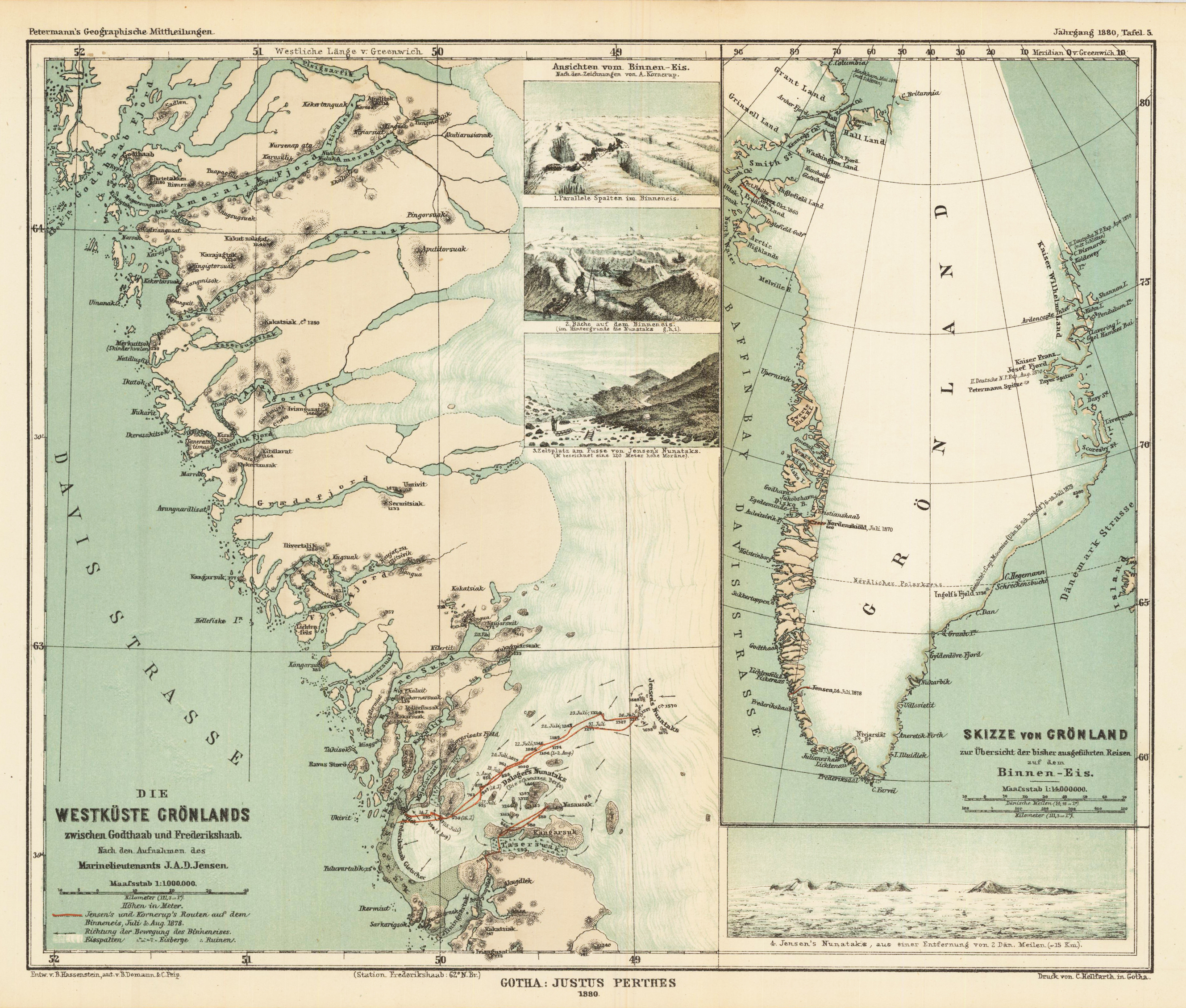 Die Westküste Grönlands zwischen Godthaab und Frederikshaab. Nach den Aufnahmen des Marinelieutenants J.A.D. Jensen - Skizze von Grönland zur Übersicht der bisher ausgeführten Reisen auf dem Binnen-Eis.
