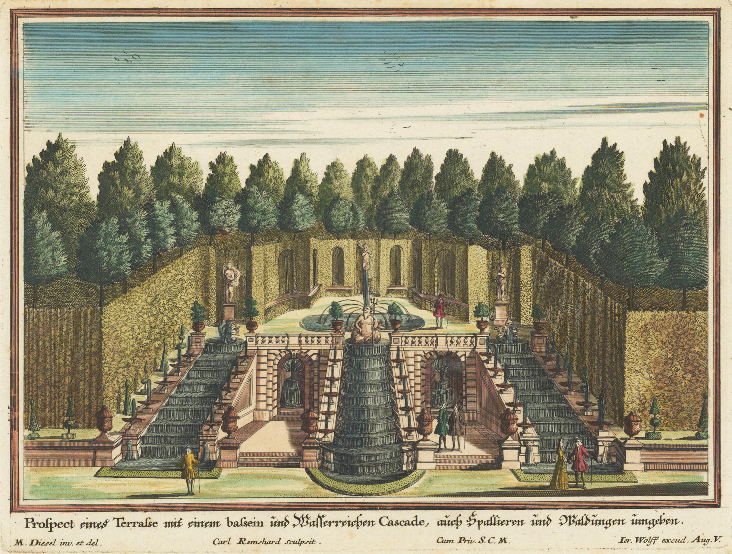 Prospect eines Terrasse mit einem bassein und Wasserrechen Cascade, auch Spallieren und Waldungen umgeben.