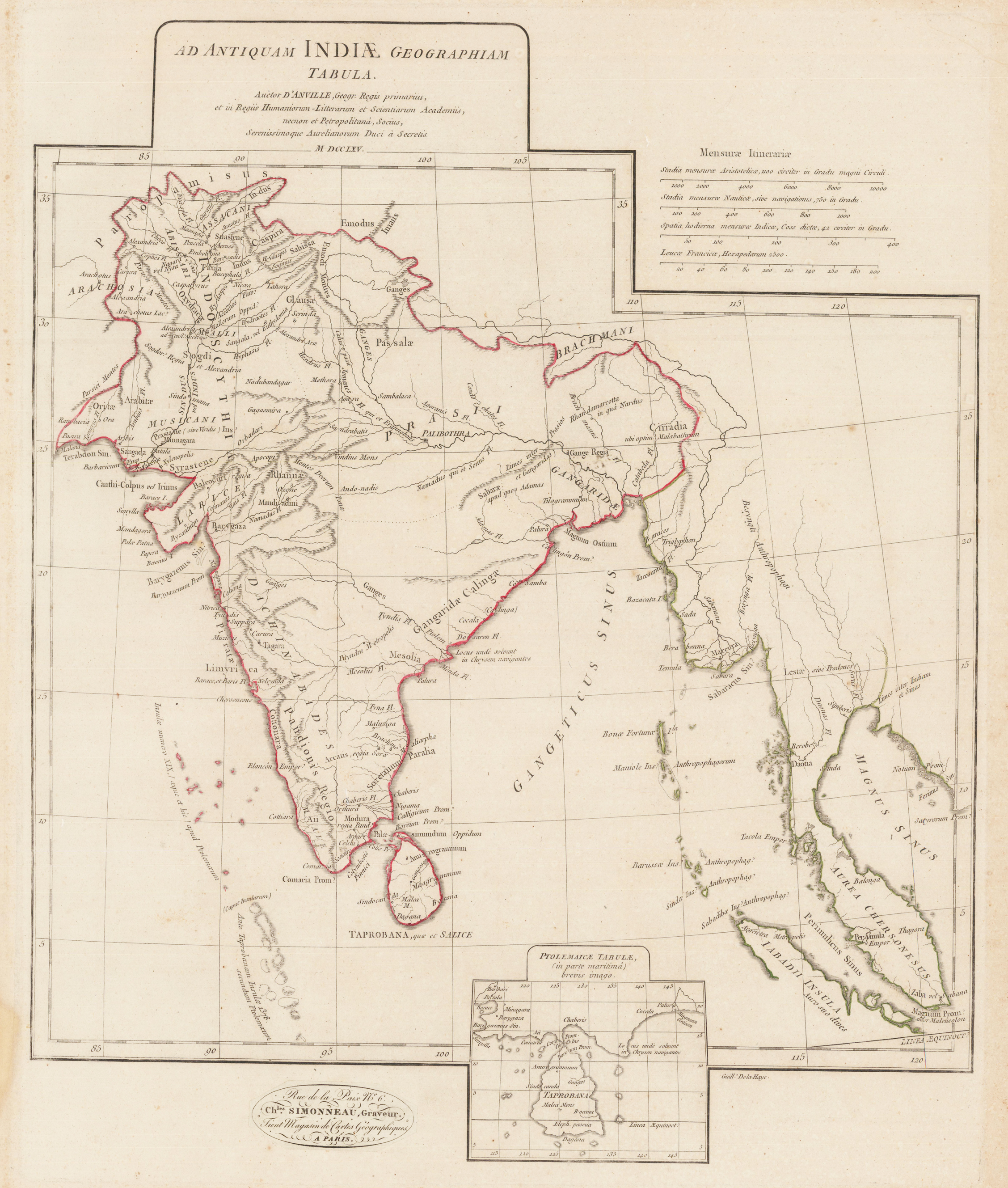 Ad Antiquam Indiae Geographiam Tabula. Auctor D´Anville, Geogr. Regis primarius, et in Regiis Humaniorum-Litterarum et Scientiarum Academiis, necnon et Petropolitanà, Socius, Serenissimoque Aurelianorum Duci á Secretis. M DCC LXV.