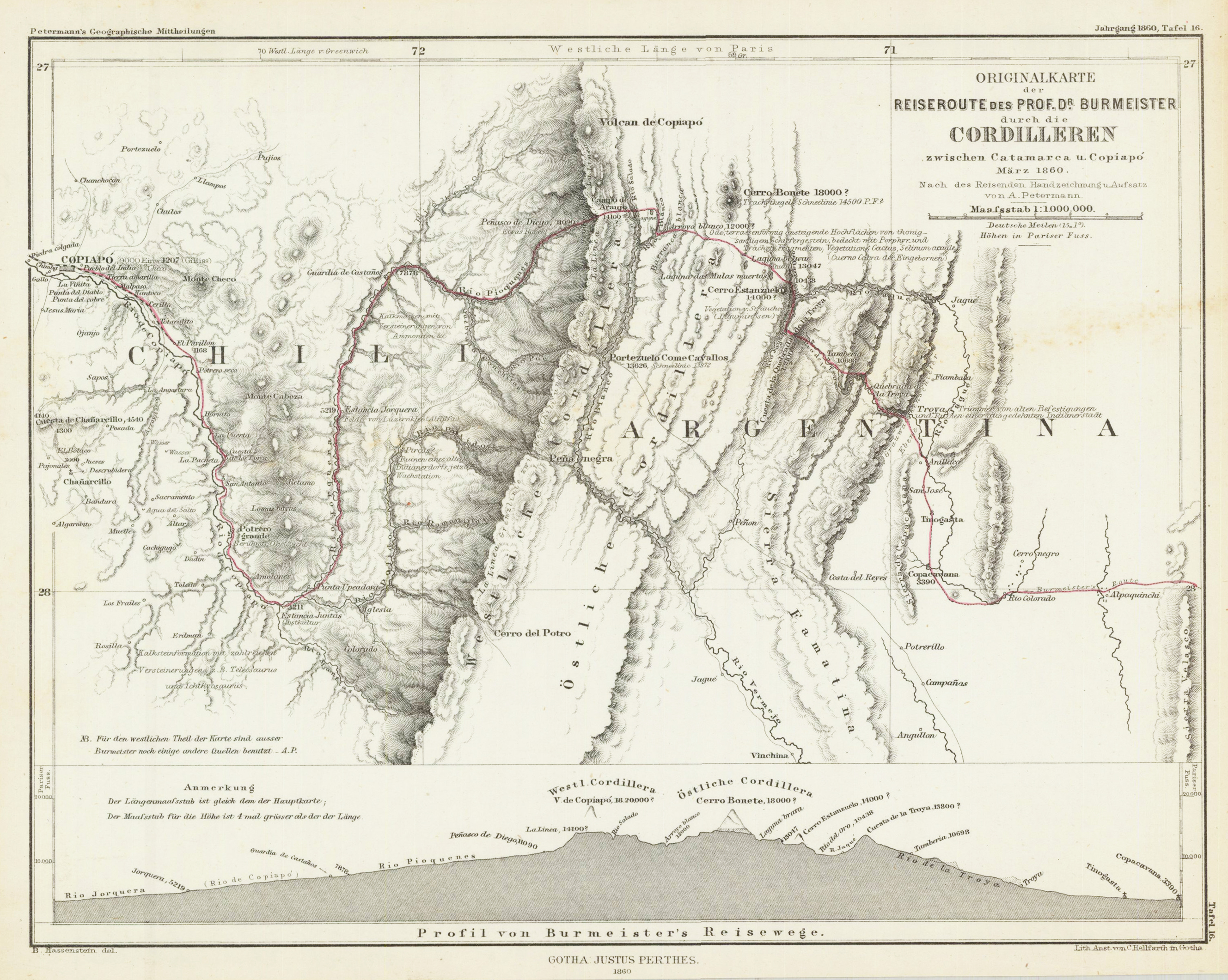 Originalkarte der Reiseroute des Prof. Dr. Burmeister durch die Cordilleren zwischen Catamarca u. Copiapó März 1860. - Nach des Reisenden Handzeichnung u. Aufsatz von A. Petermann.