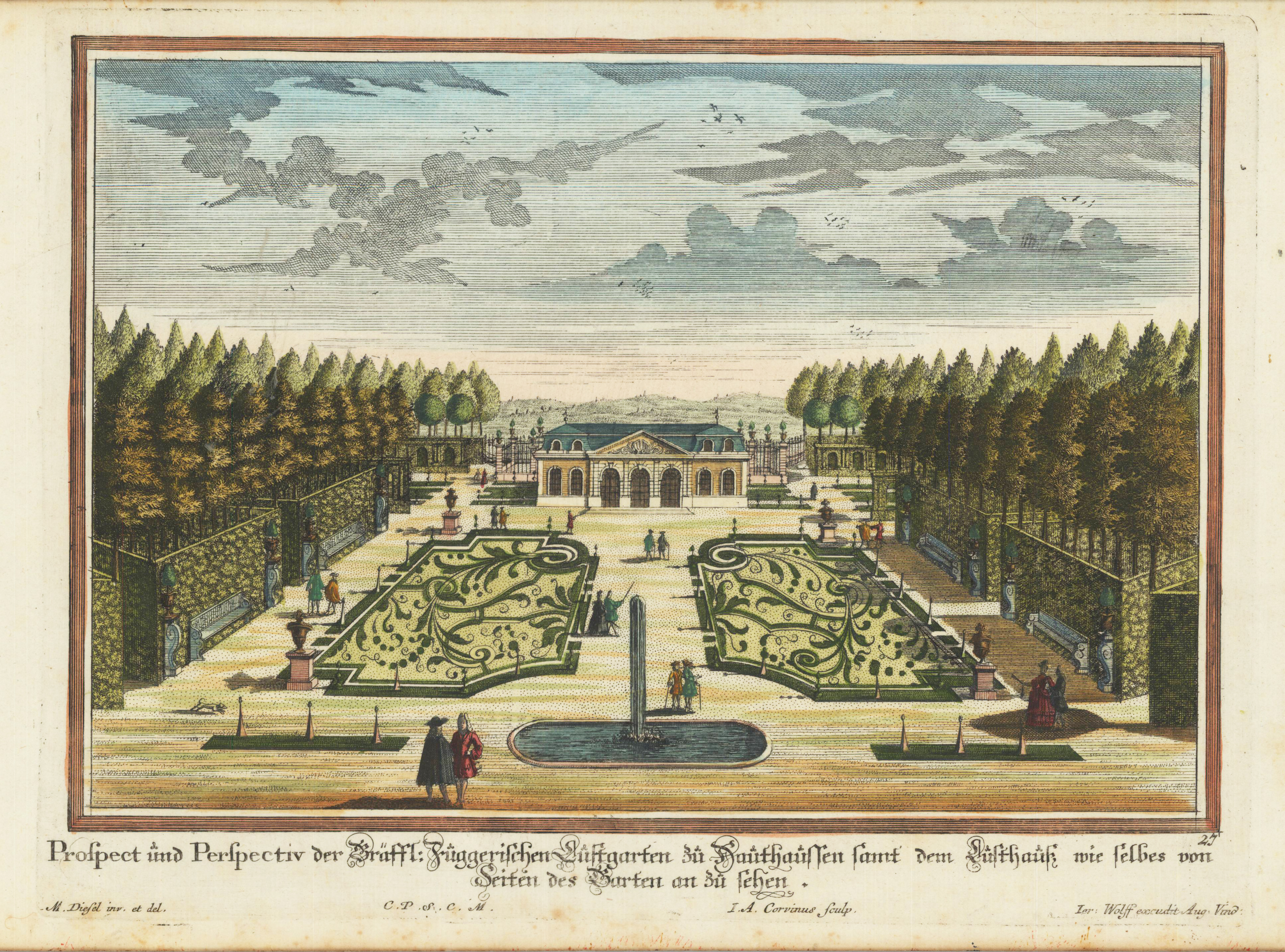 Prospect und Perspektiv der Gräffl. Fuggerischen Lustgarten zu Mauthausen samt dem Lusthaus wie selbes von Seiten des Garten anzusehen.- M. Diesel inv: et. delin.  - C. P. S. C. M. - I. A. Corvinus sculpsit - Ier: Wolff excud. Aug. Vind.