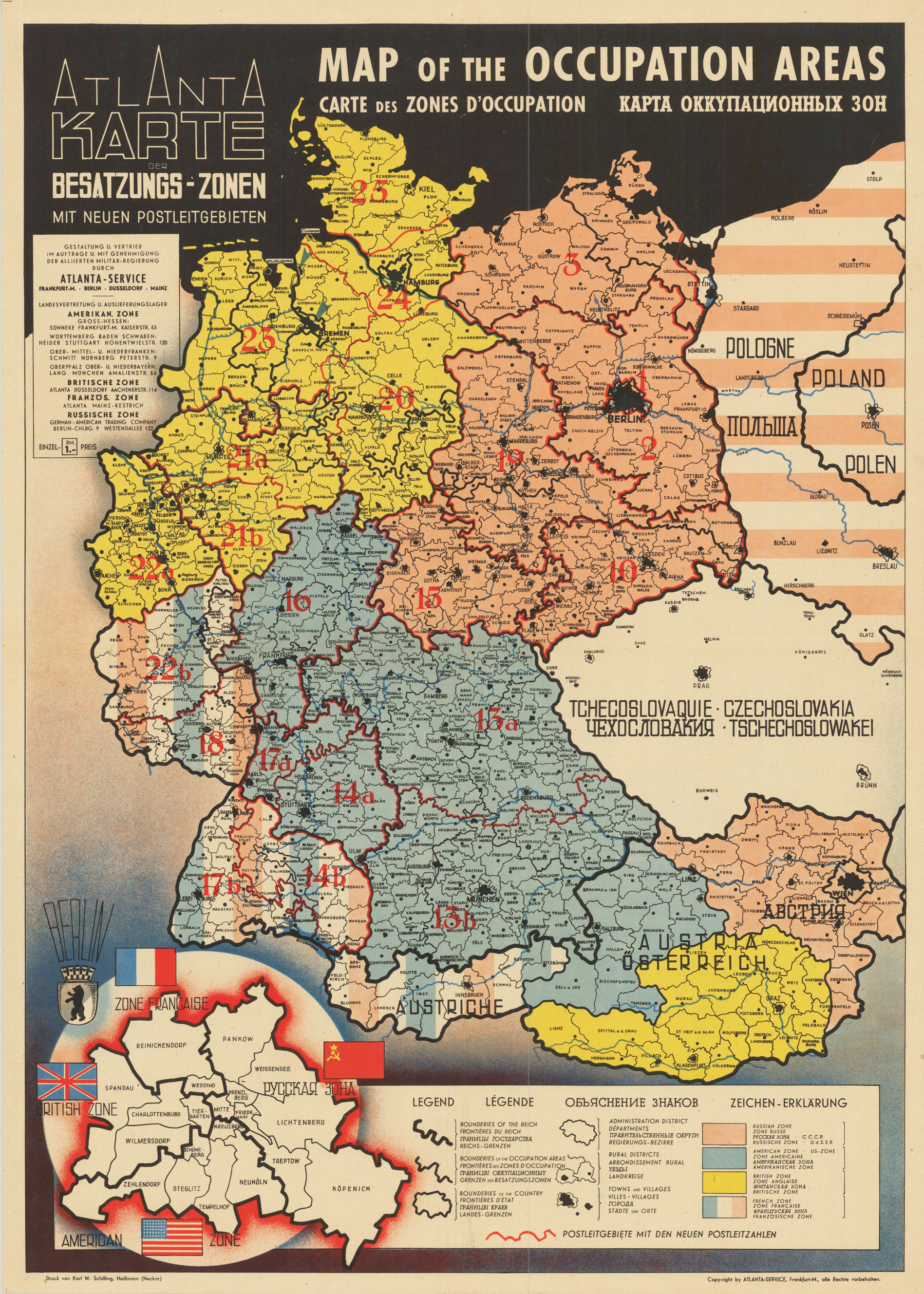 Atlanta Karte der Besatzungszonen mit neuen Postleitgebieten - MAP OF THE OCCUPATION AREAS - CARTE DES ZONES D'OCCUPATION.