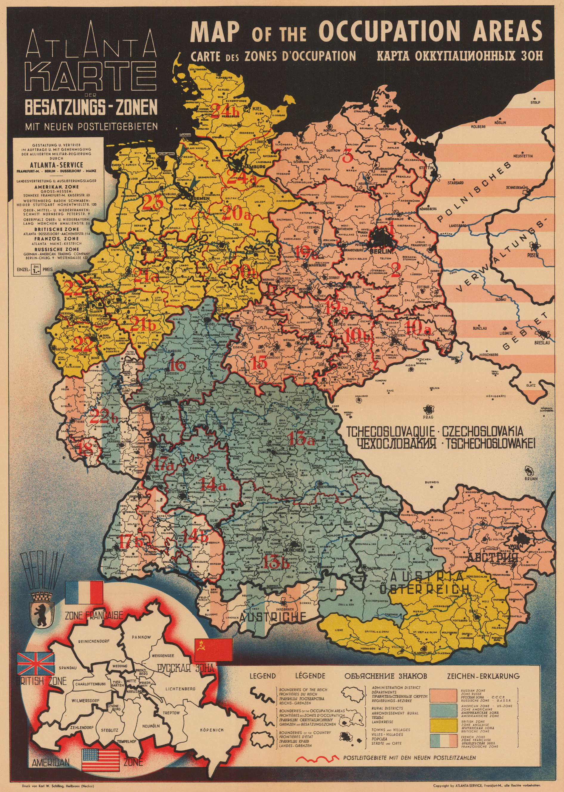 MAP OF THE OCCUPATION AREAS - КАРТА ОККУПАЦИОННЫХ ЗОН - CARTE DES ZONES D'OCCUPATION. - Atlanta Karte der Besatzungszonen mit neuen Postleitgebieten - MAP OF THE OCCUPATION AREAS - CARTE DES ZONES D'OCCUPATION.