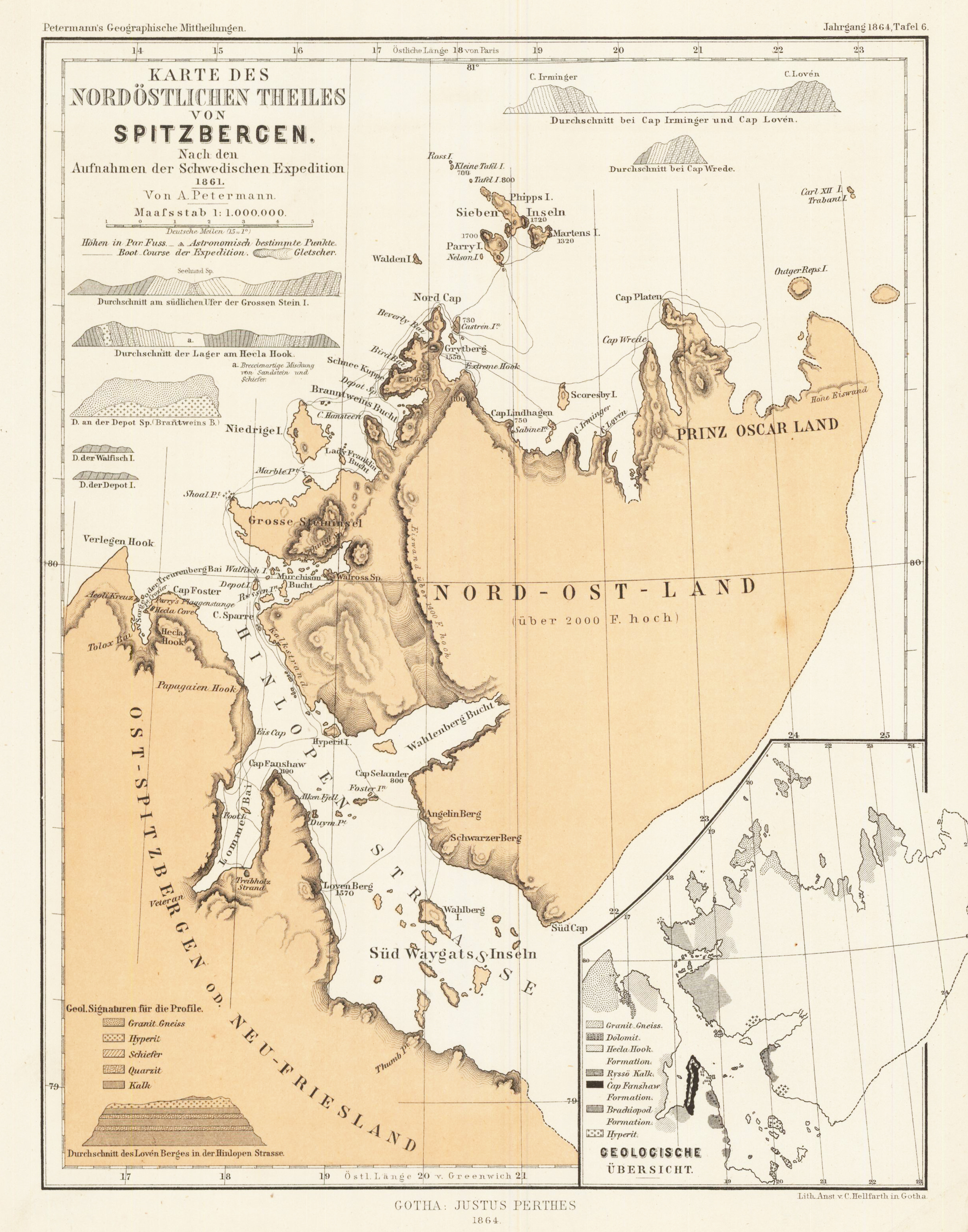 Karte des nordöstlichen Theiles von Spitzbergen. Nach den Aufnahmen der Schwedischen Expedition. 1861. - Von A. Petermann.