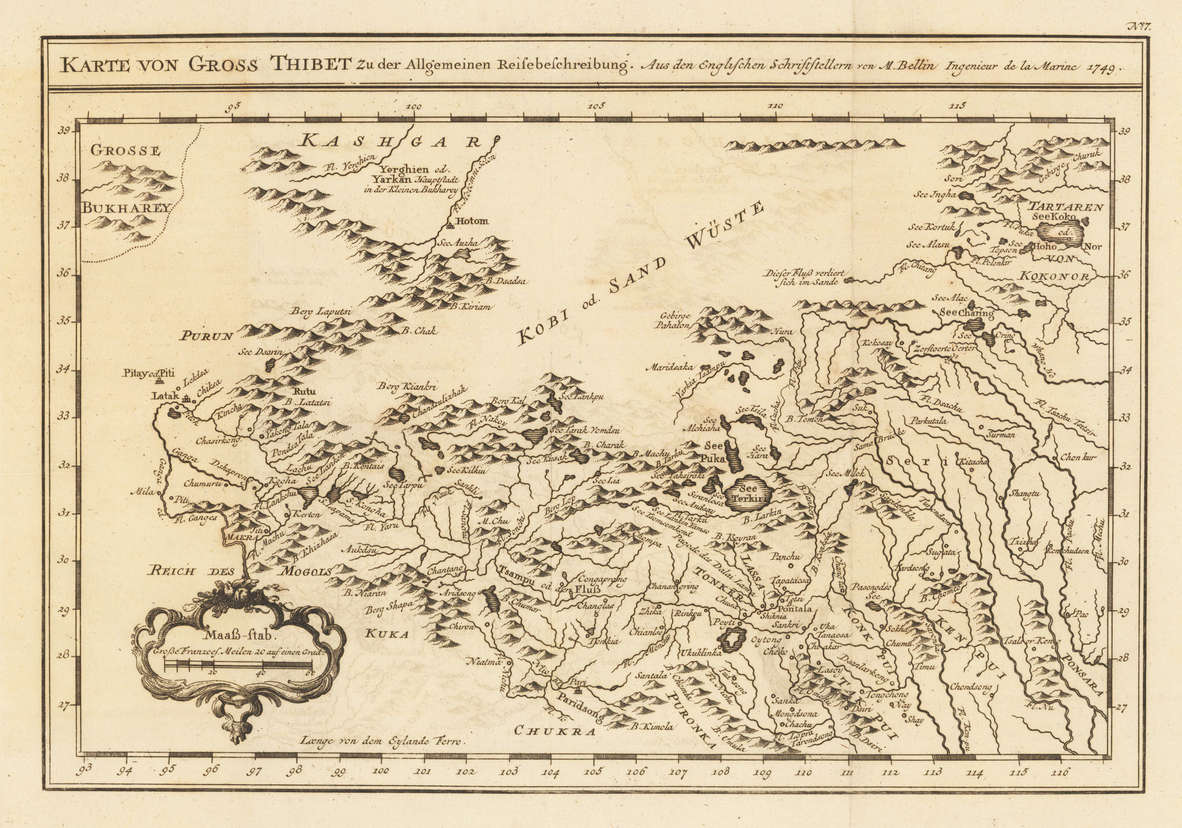 Karte von Gross Thibet zu der Allgemeinen Reisebeschreibung. Aus den Englischen Schriftstellern von M. Bellin Ingenieur de la Marine 1749.