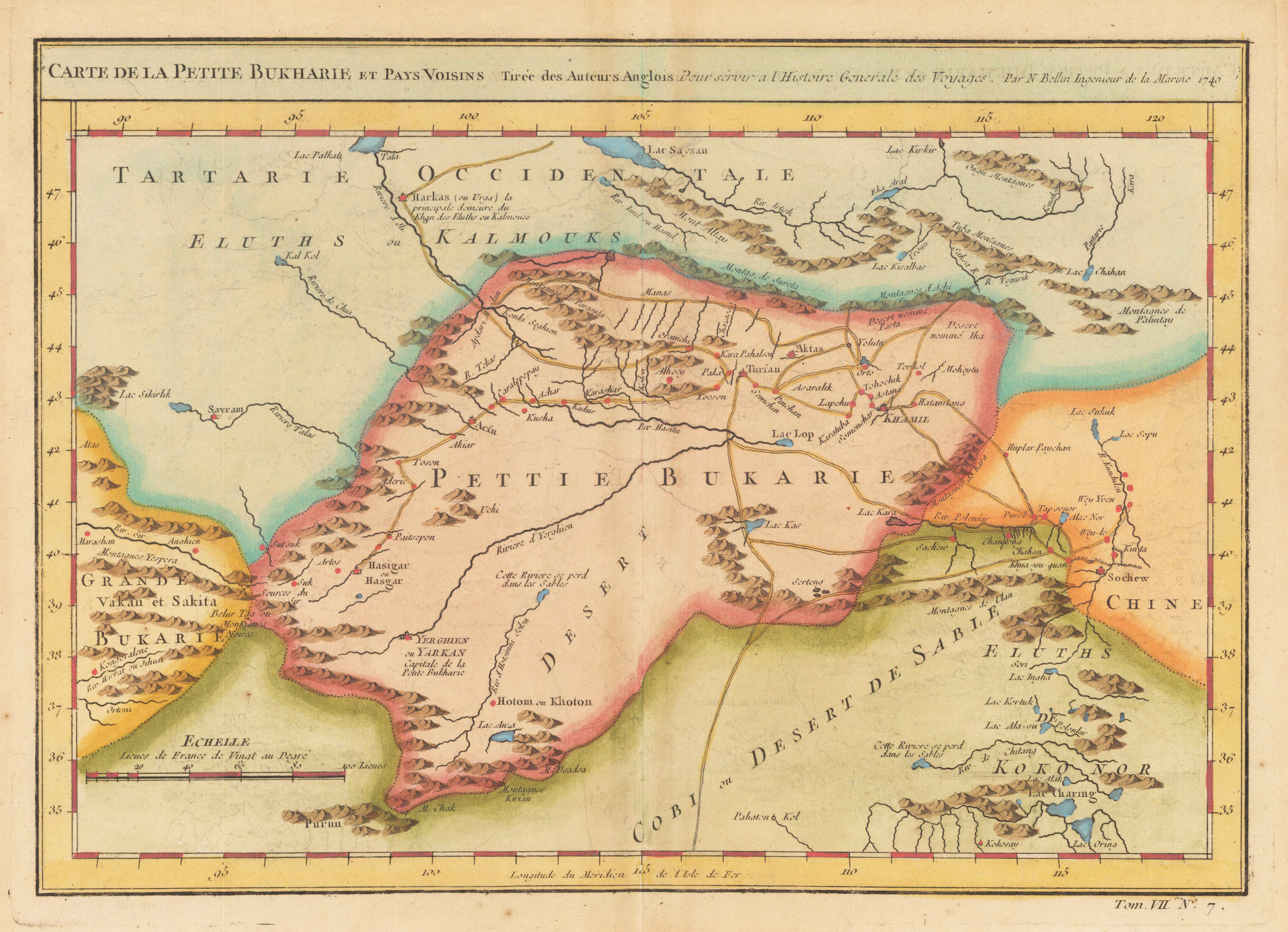 Carte de la Petite Bukharie et Pays Voisins Tirée des Auteurs Anglois Pour sirvir a l`Histoire Generale des Voyages. Par N. Bellin Ingenieur de la Marine 1749.