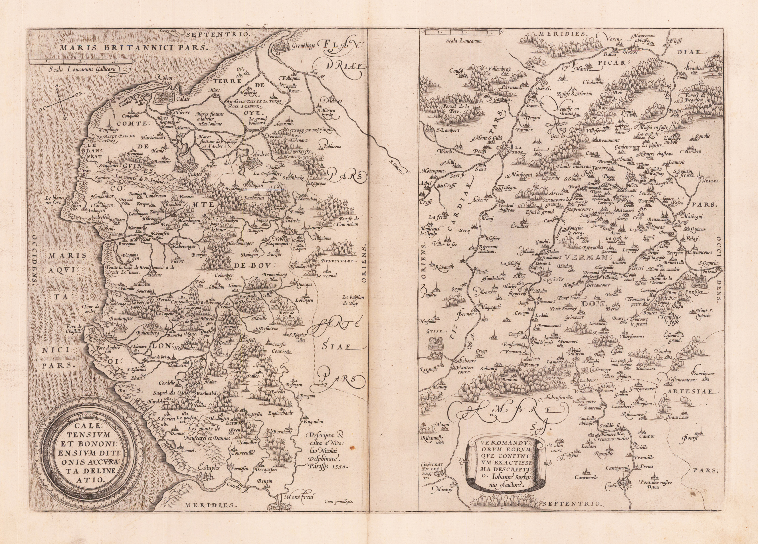 Caletensium et Bononiensium ditionis Accurata Delineatio. - Veromanduorum Eorumque confinium Exactissima Descript. Iohanne Surhonio Auctore.