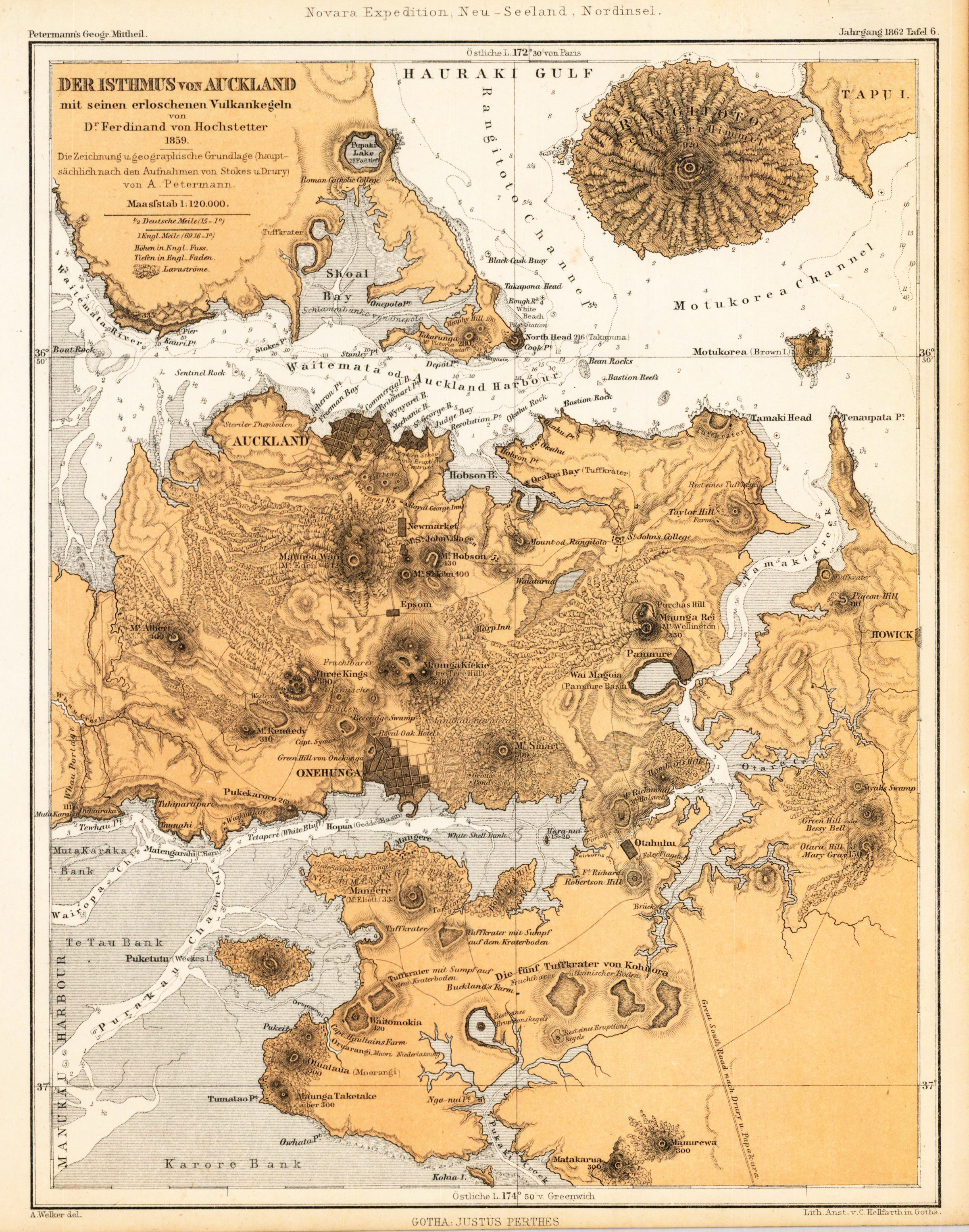 Der Isthmus von Auckland mit seinen erloschenen Vulkankegeln von Dr. Ferdinand von Hochstetter 1859.