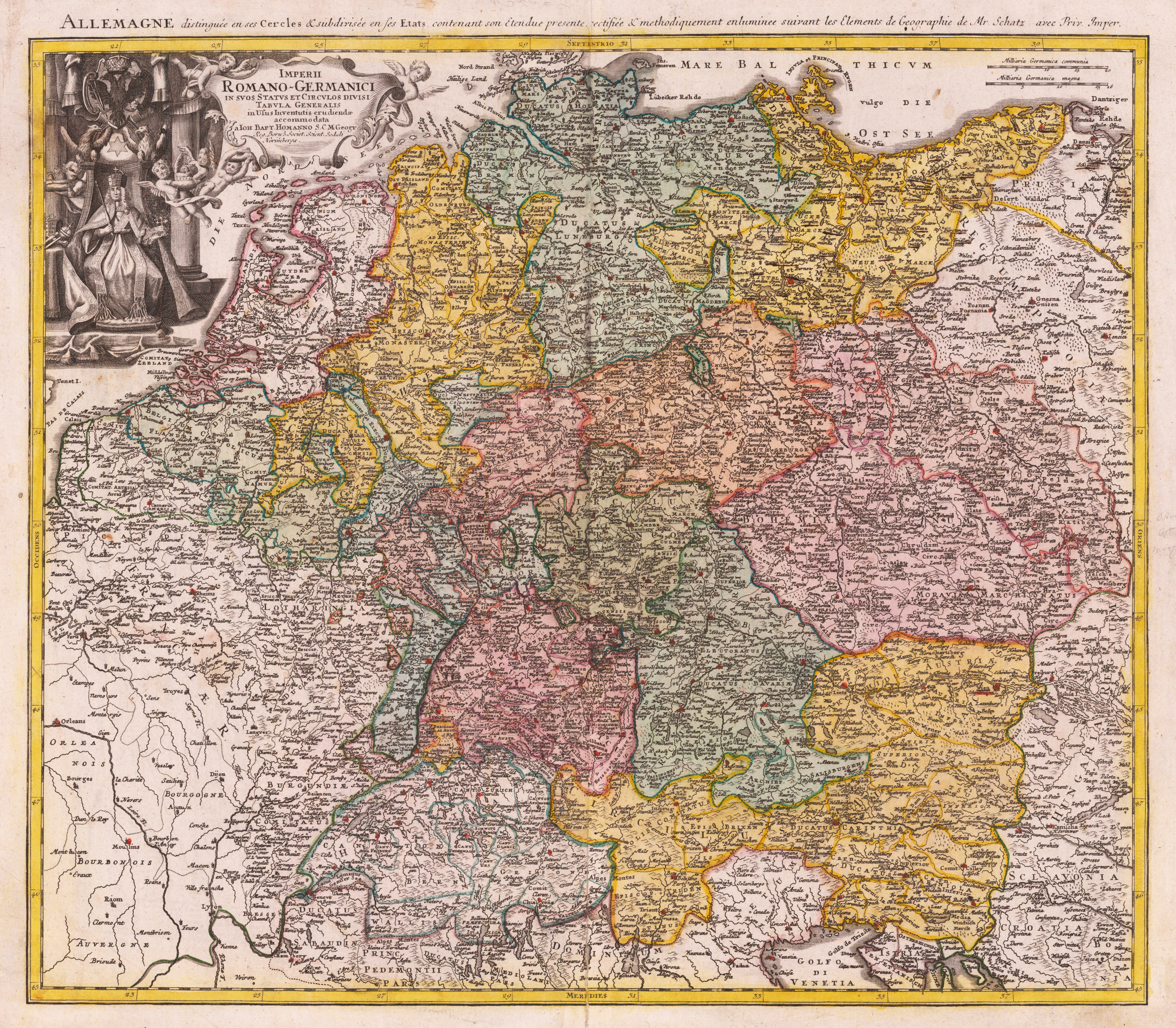 Imperii-Romano-Germanici in suos Status et Circulos divisi Tabula Generalis in Usus Inventutis erudiendae accomodata Ioh. Bapt. Homanno S.C.M. Geographo Reg. Boroß. Societ. Scient Sodali Norimbergae