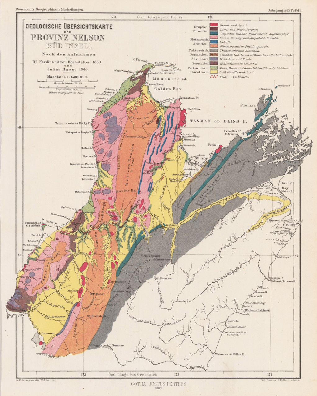 Geologische Übersichtskarte der Provinz Nelson (Süd Insel). Nach den Aufnahmen von Dr. Ferdinand von Hochstetter 1859 und Julius Haast 1860.