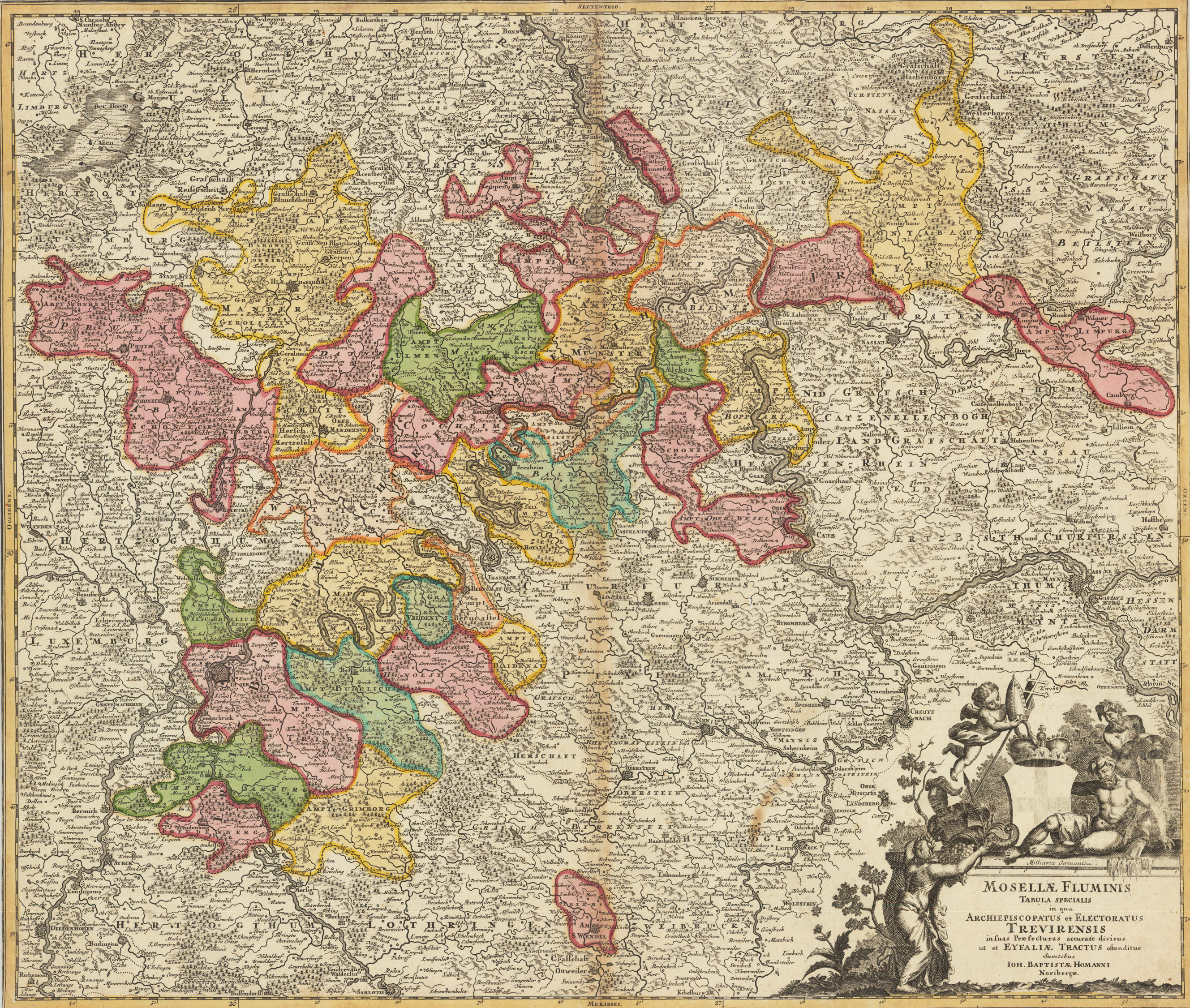 Mosellae Fluminis. Tabula specialis in qua Archiepiscopatus et Electoratur Trevirensis insuas Praefecturas accuraté divisus ut et Eyfallae Tractus oftenditur Sumtibus Ioh. Baptistae Homanni Cum Privilegio (Noribergae.) Sac. Caef Majestatis.