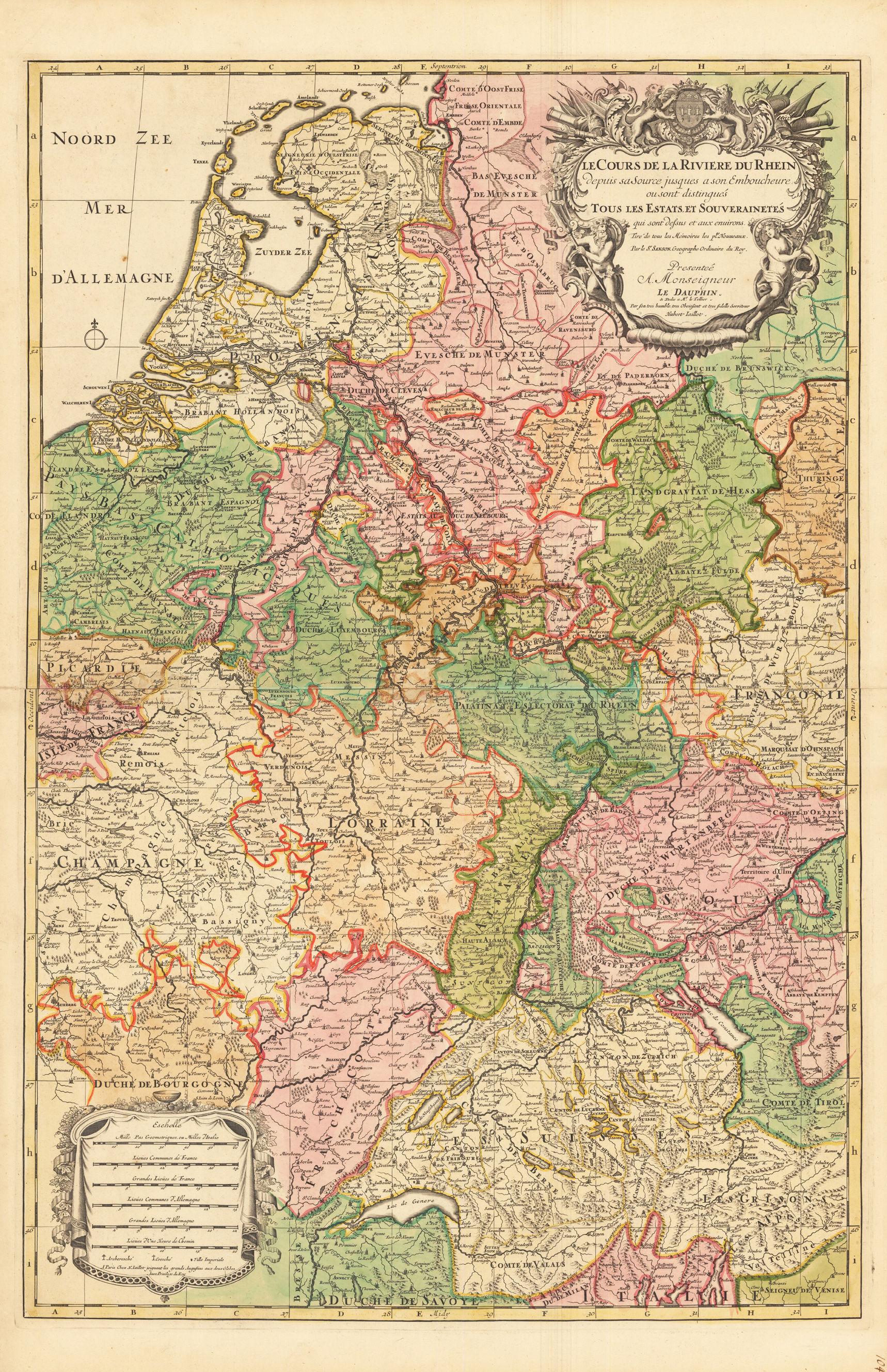 Le Cours de la Riviere du Rhein depuis sa Source jusques a son Emboucheure ou sont distingues Tout les Estats, et Souverainetes qui sont dessus et aux enuirons. Tire de tous les Memoires les plus Nouveaux Parle Sr. Sanson, Geopgraphe Ordinaire du Roy