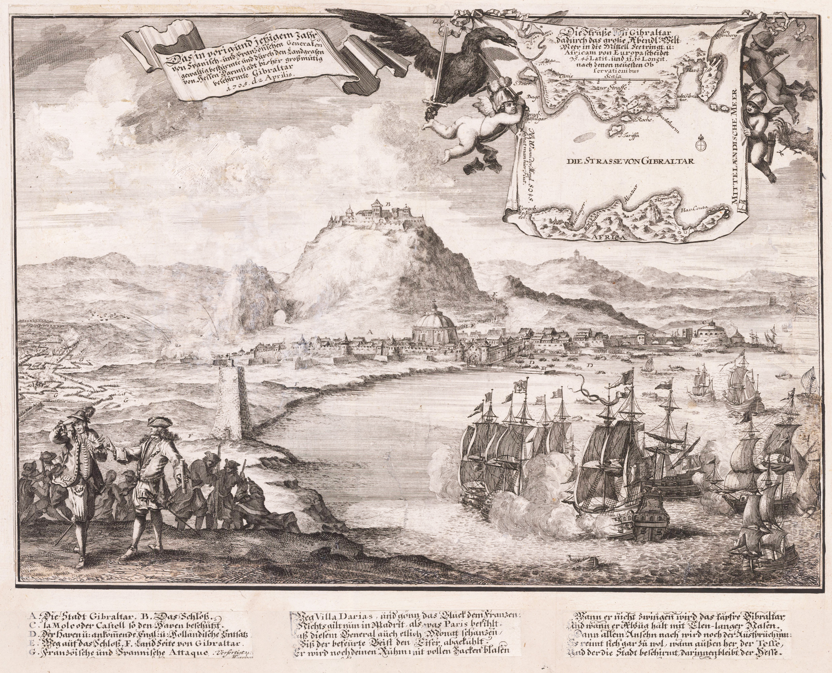 Das im vorig- und jetzigem Jahr von Spanisch- und Französischen Generalen gewaltig bestürmte und durch den Landgrafen von Hessen Darmstadt bisher grossmütig beschirmte Gibraltar 1705 d. 2 Aprilis