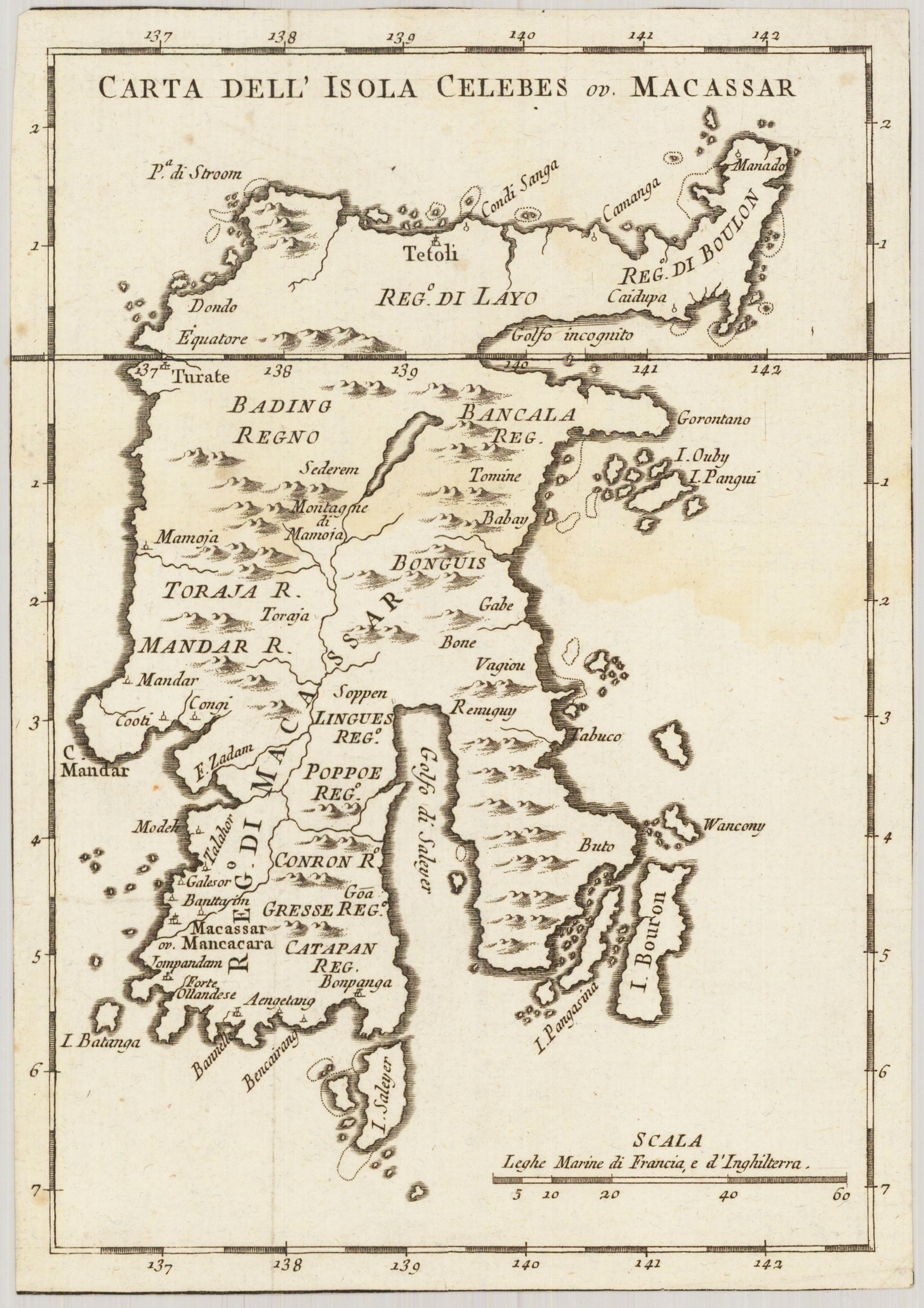 Carta dell`Isola Celebes ou Macassar. Pour servir a l´Histoire Generale des Voyages.
