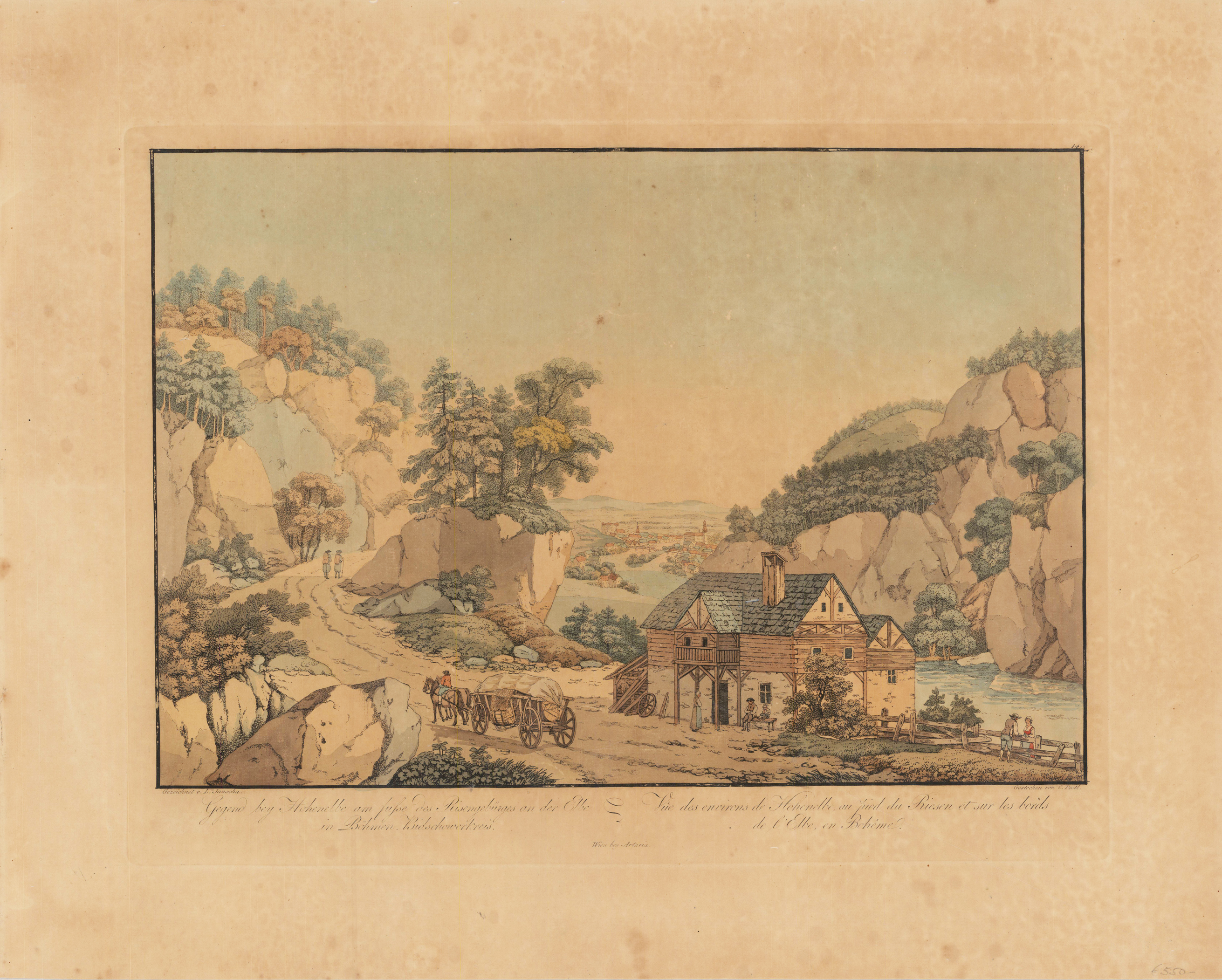 Gegend bey Hohenelbe am Fusse des Risengebürges an der Elbe in Böhmen Bidschowerkreis - Vue des environs de Hohenelbe, ou pied du Riesen et sur les bords de l' Elbe en Beheme.