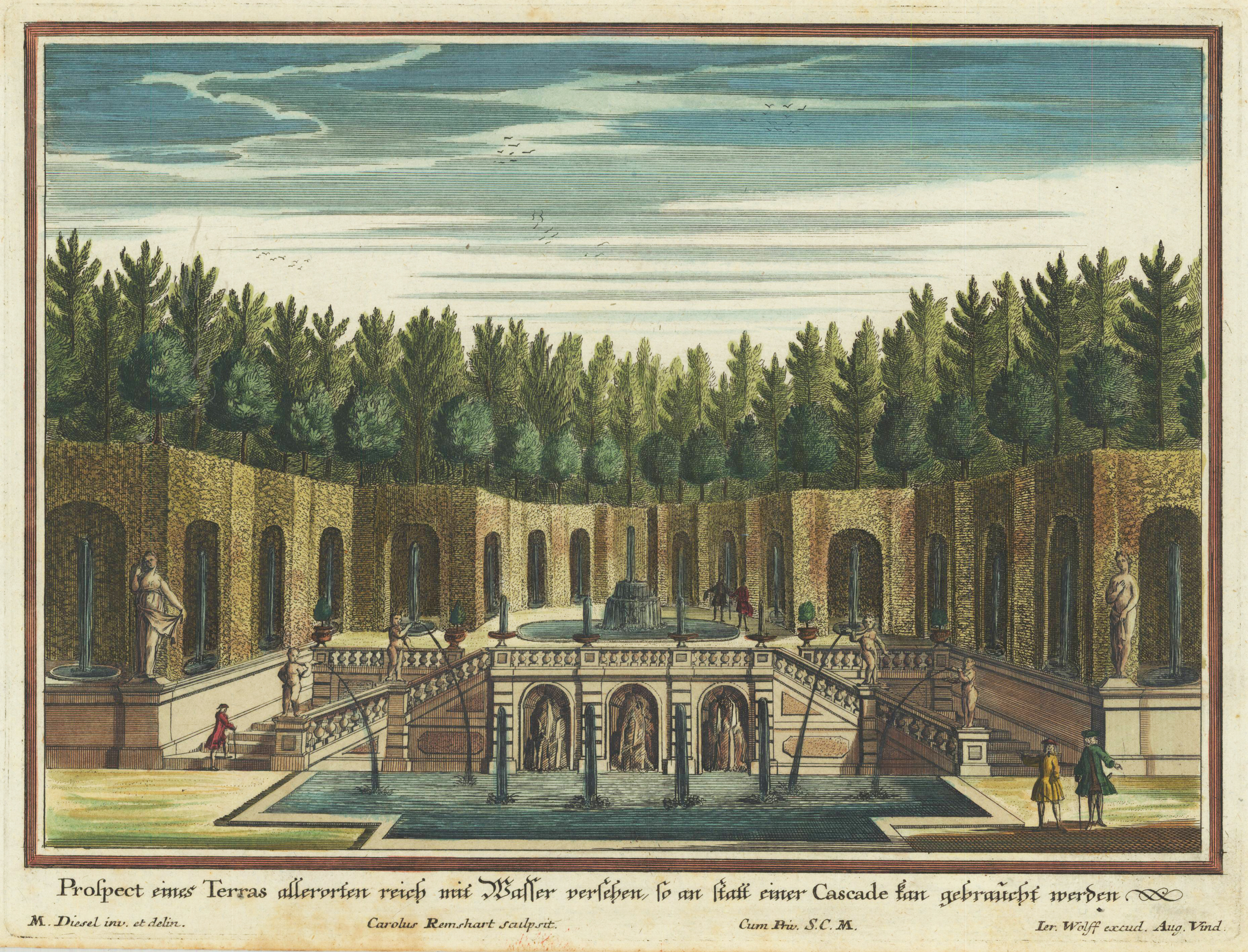 Prospect eines Terras allerorten reich mit Wasser versehen, so an statt einer Cascade kan gebraucht werden