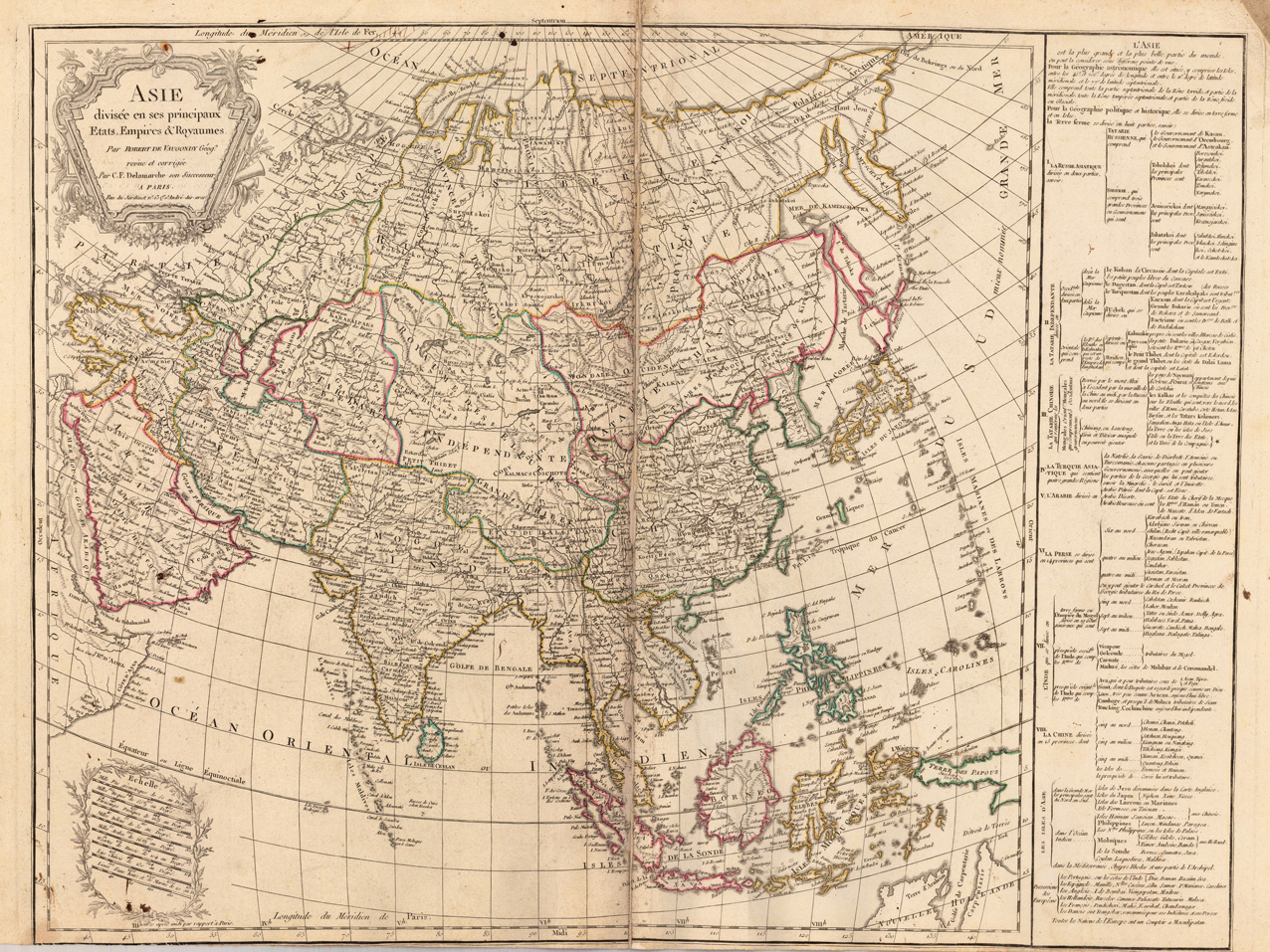 Asie divisée en ses prinicipaux Etats, Empires &amp; Royaumes. Par Robert de Vaugondy Géog Revine et corrigée. Par C. F. Delamarche osn Successeur a Paris. Rue du Jardinet n°. 13 Qr. s' André des arcs.