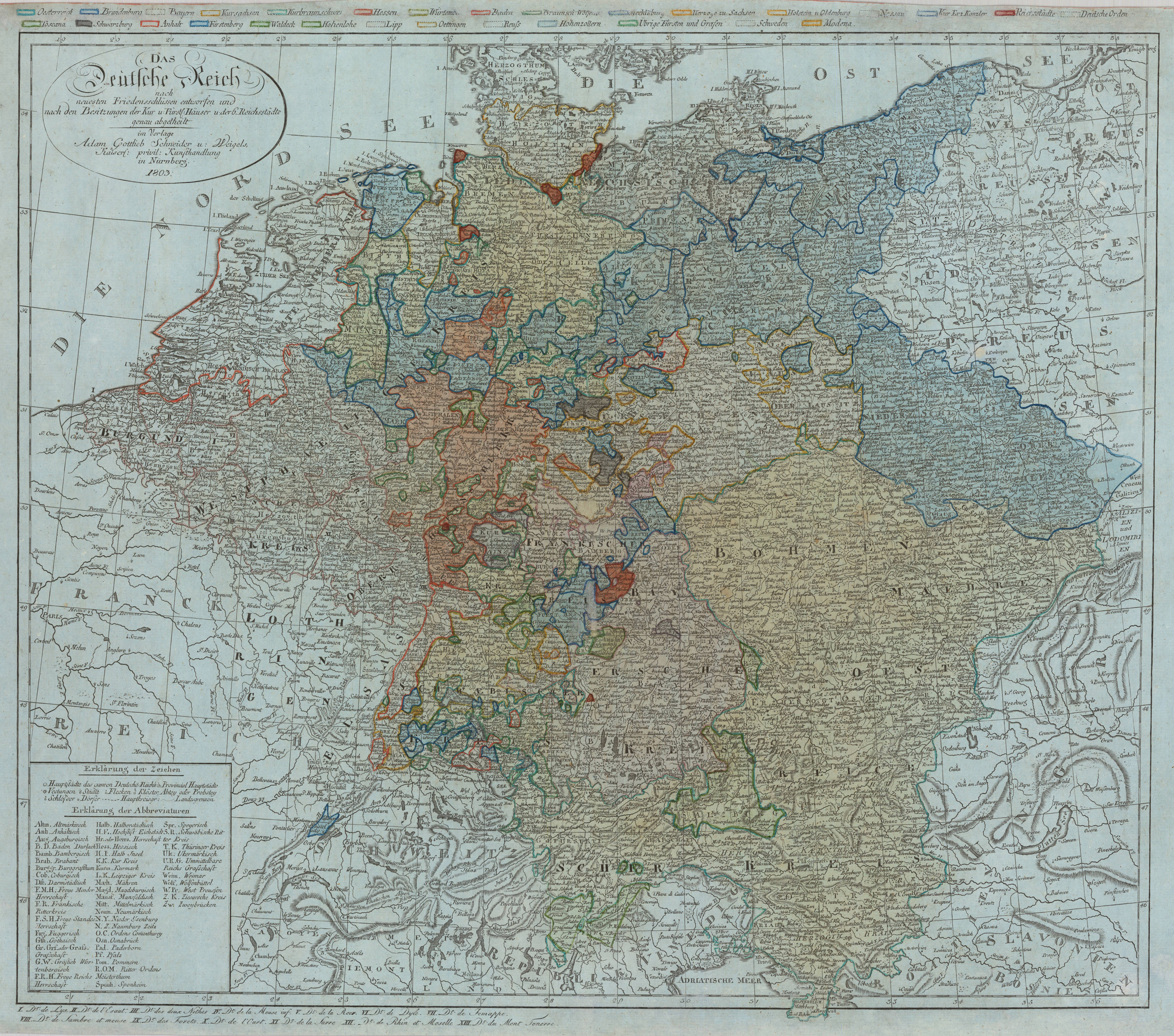 Das Deutsche Reich nach neuesten Friedensschlüssen entworfen und nach den Besitzungen der Kur und Fürstlichen Häuser und der 6 Reichsstädte neu abgetheilt im Verlage Adam Gottlieb Schneider u. Weigels. Kaiserl: privil: Kunsthandlung in Nürnberg 1803.