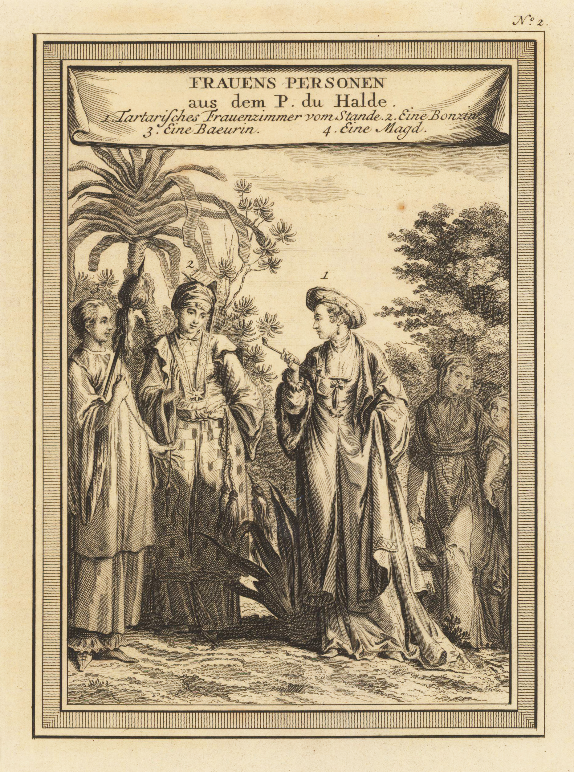Frauens Personen aus dem P. du Halde. 1. Tartarisches Frauenzimmer vom Stande - 2. Eine Bonzin - 3. Eine Baeurin - 4. Eine Magd.
