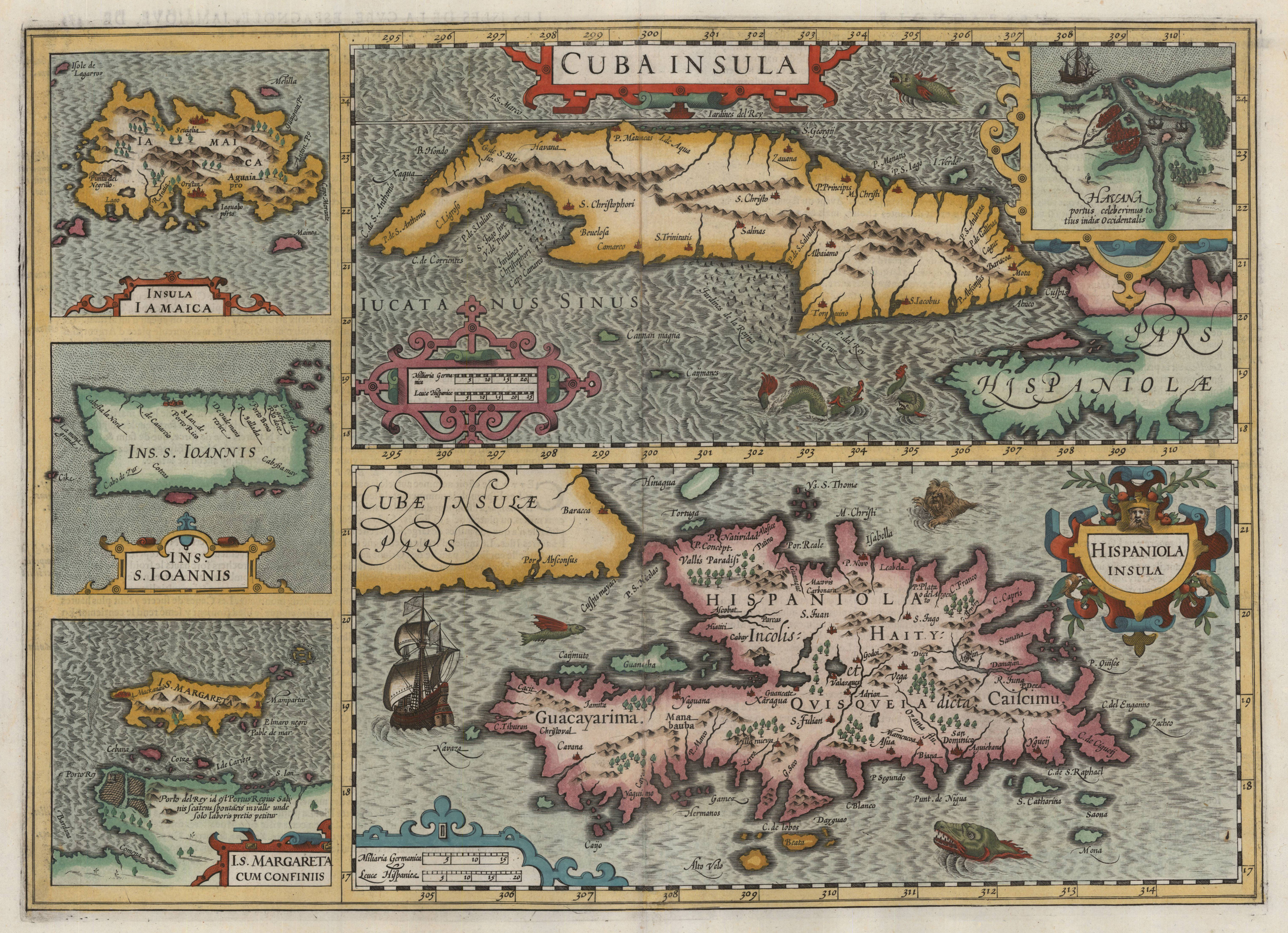 Cuba Insula - Insula Iamaica - Ins. S. Ioannis - I.S. Margareta cum confiniis - Havana - Hispaniola Insula.