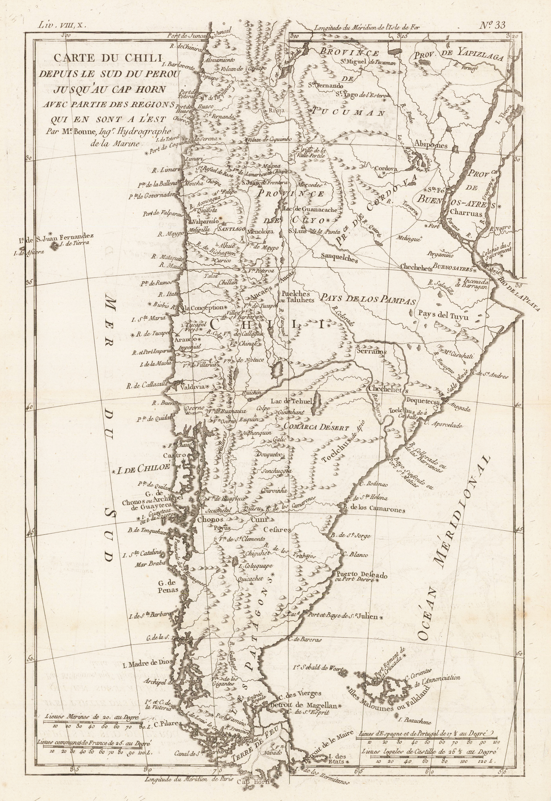 Carte du Chili depuis le Sud du Perou Ju Squ'au Cap horn avec partie des Regions qui en sont a L'Est. Par M. Bonne, Ingr. Hydrographe de la Marine.