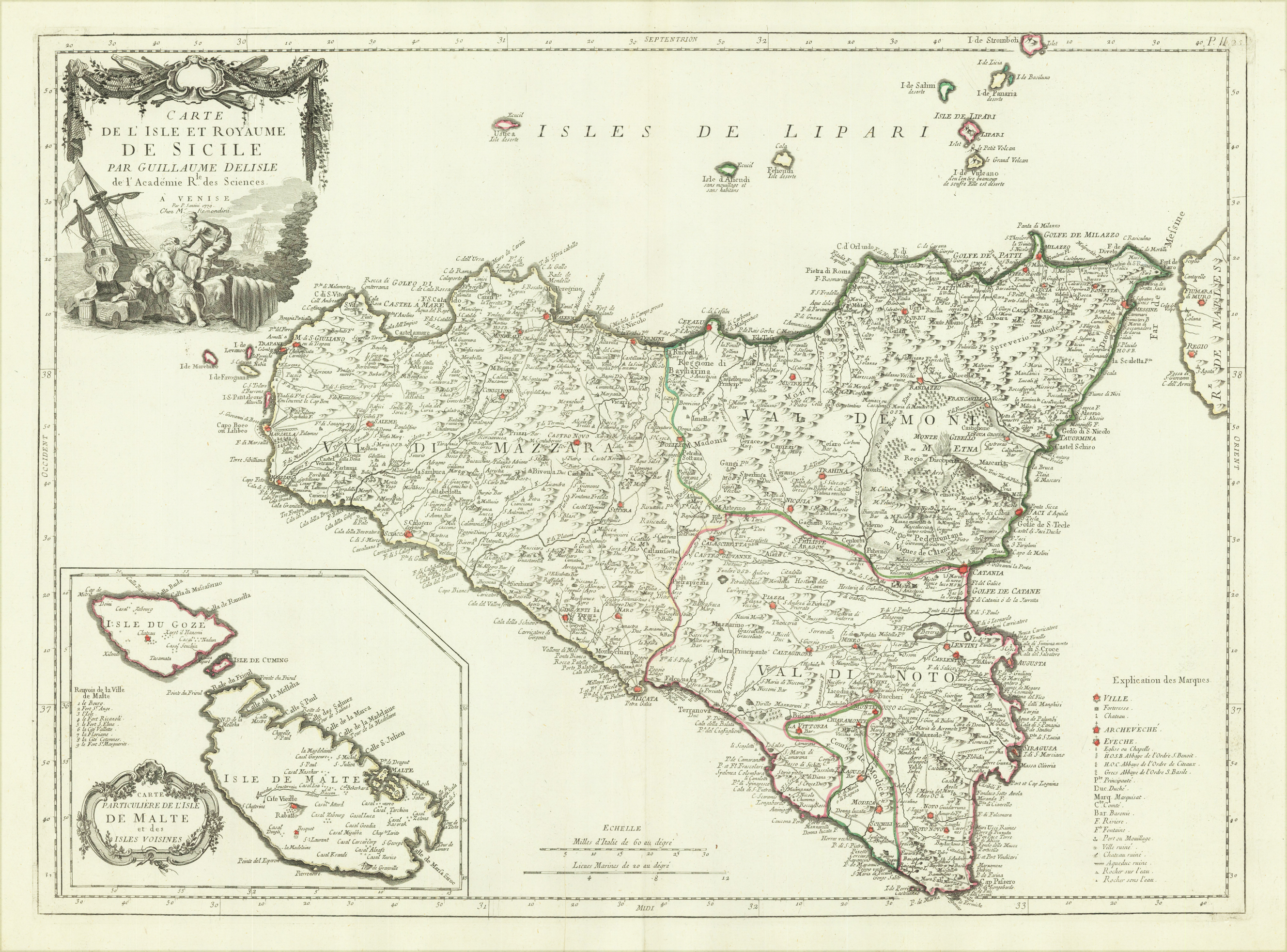 Carte de L´Isle et Royaume de Sicile Par Guillaume Delisle de l' Acadamie R. le des Sciences. A' Venise Par P. Santini 1779 Chez Mr. Remondini - Carte Particulière de L'Isle de Malte et des Isles Voisines.
