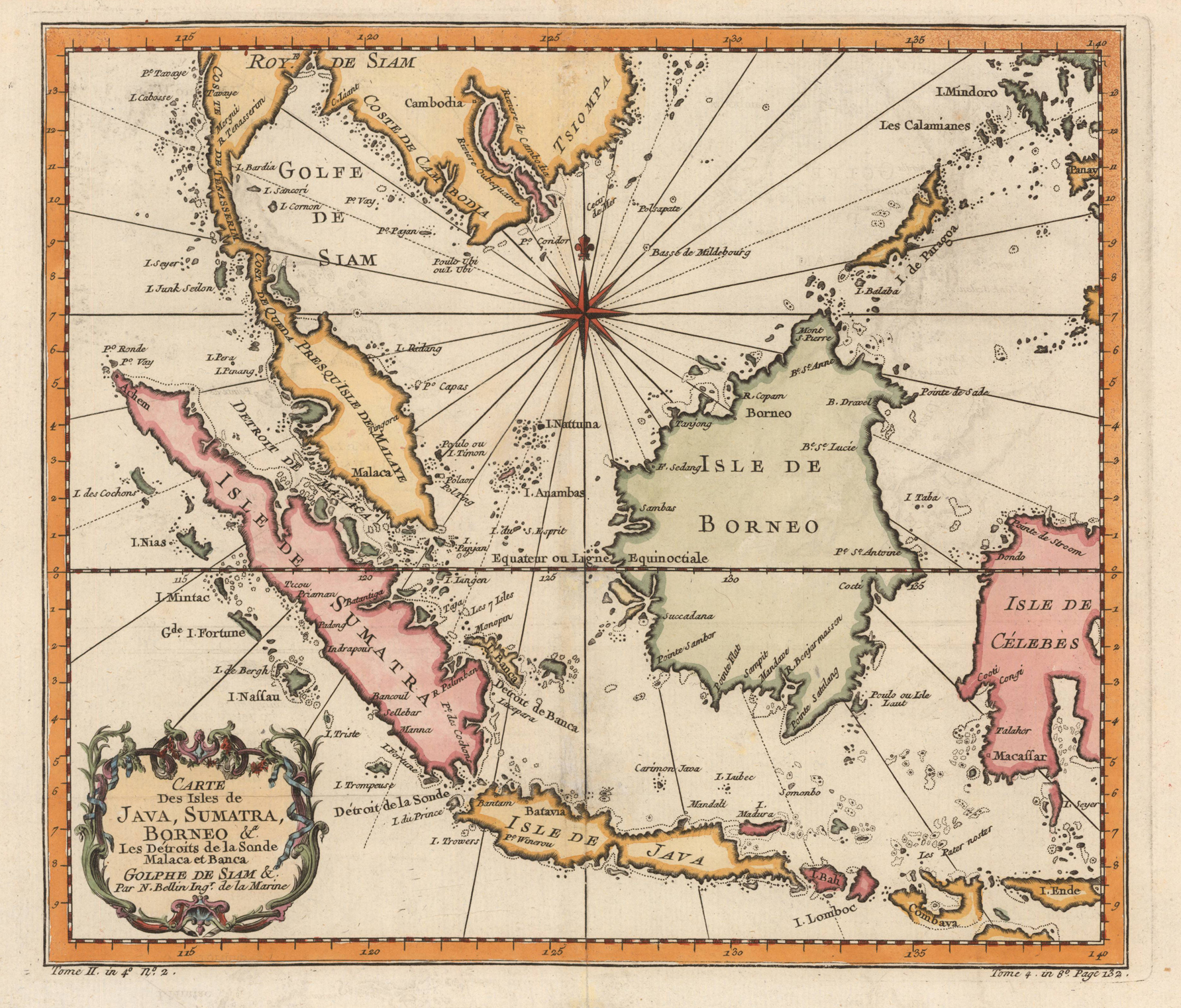 Carte des Isles de Java, Sumatra Borneo &amp;a. les Détroits de la Sonde Malaca et Banca Golphe De Siam &amp;. Par N. Bellin Ingr. de la Marine.