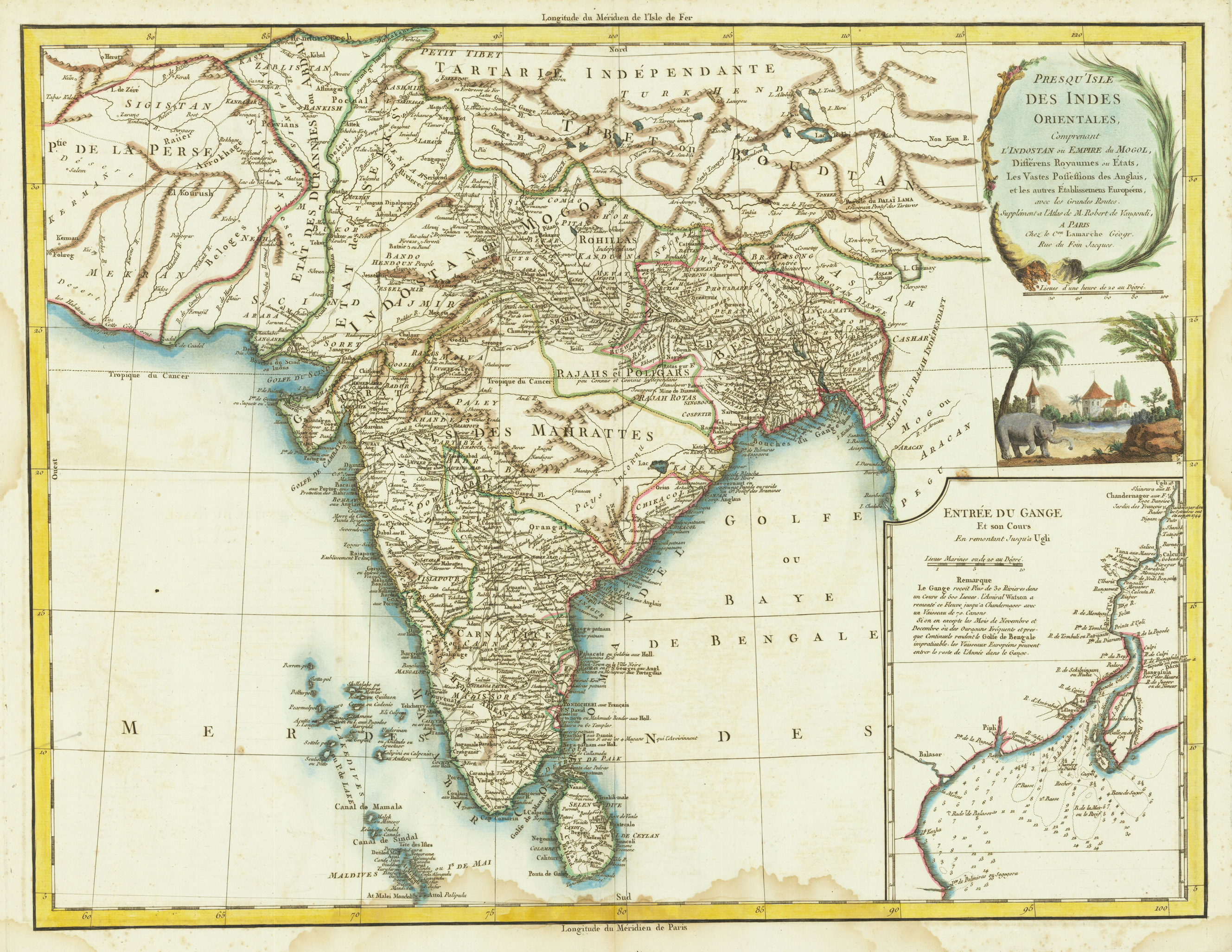 Presqu Isle Des Indes Orientales, Comprenant L'Indostan ou Empire du Mogol, Differens Royaumes out Etats, Les Vastes Possessions des Anglaises, et les autre Etablissemens Europeens, avec les Grandes Routes ...