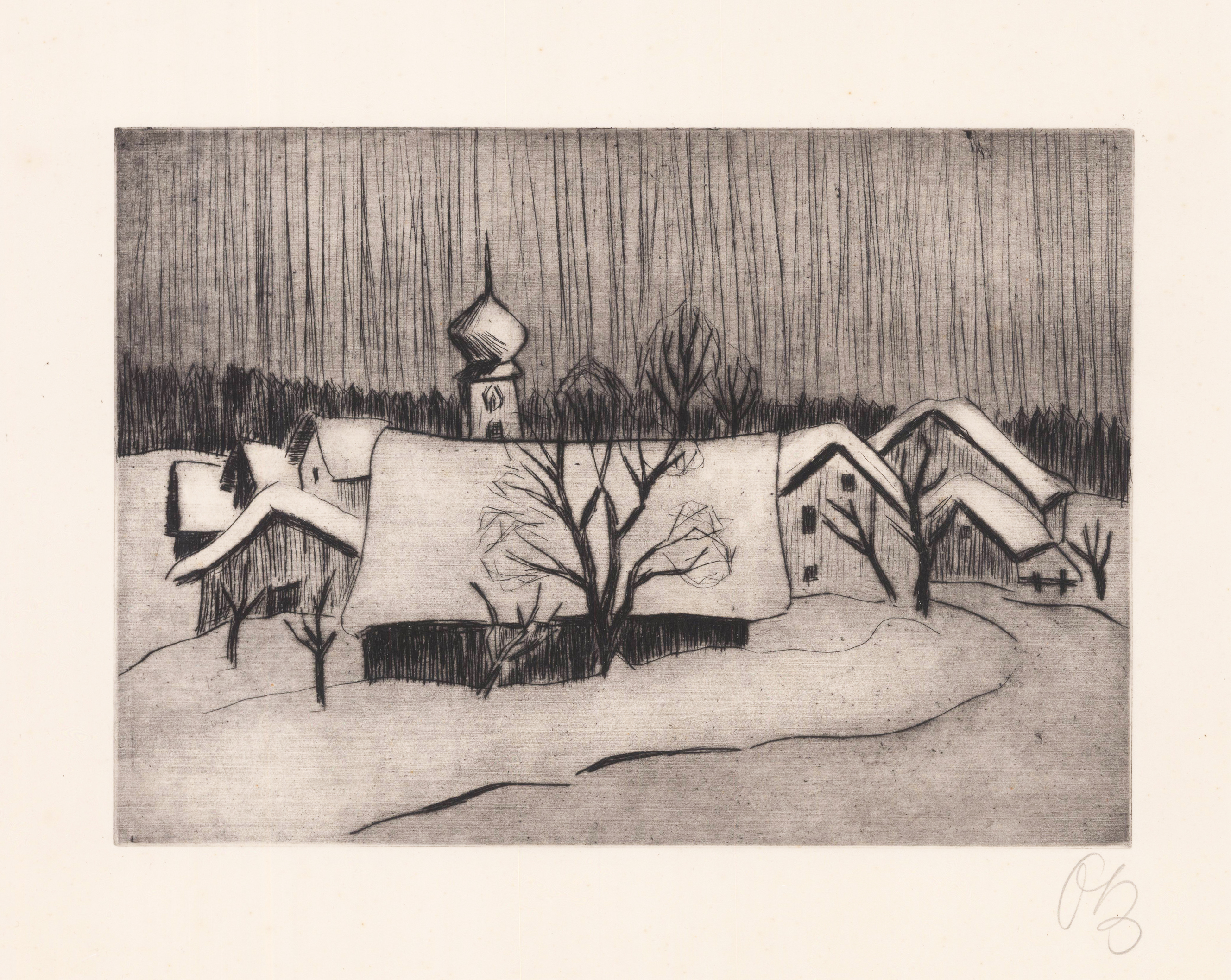 Dorfansicht mit Kirche im Winter