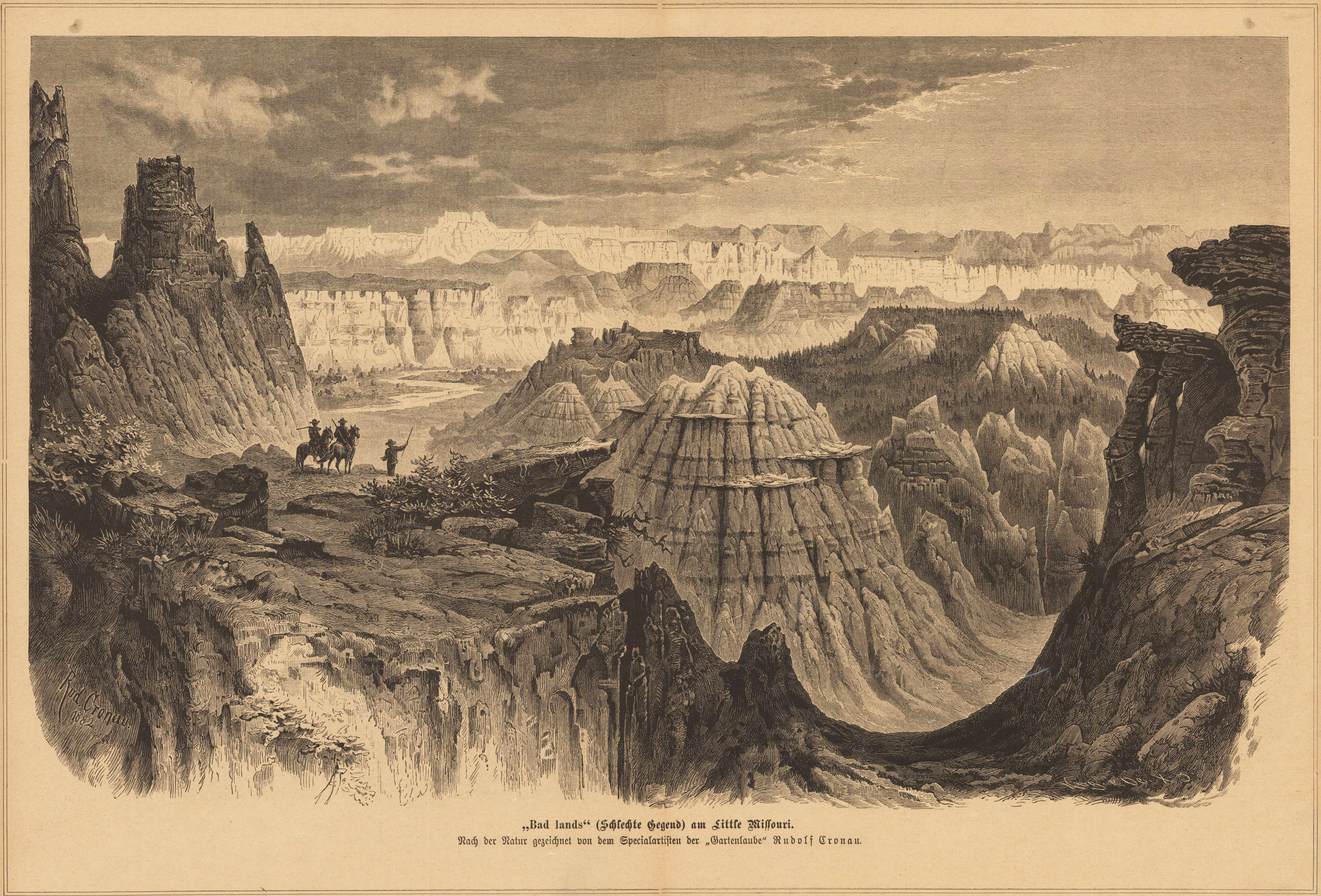 "Bad lands" (Schlechte Gegend) am Little Missouri. Nach der Natur gezeichnet von dem Specialartisten der "Gartenlaube" Rudolf Cronau.