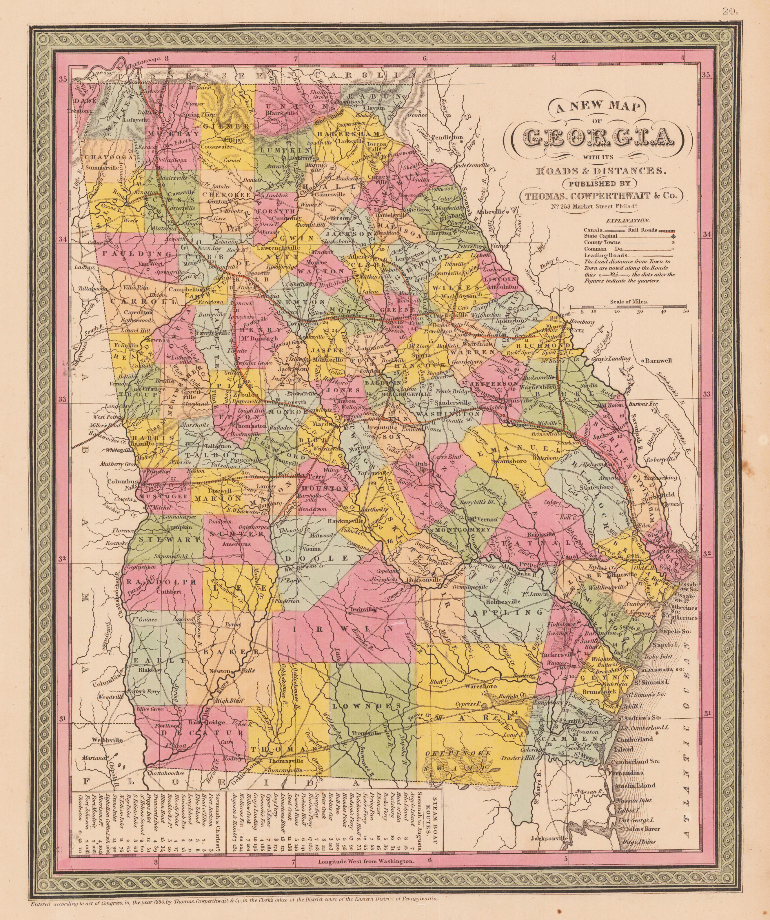 A new map of Georgia with its roads &amp; distances. Published by Thomas, Cowperthwait &amp; Co. No. 253 Market Street Philada.