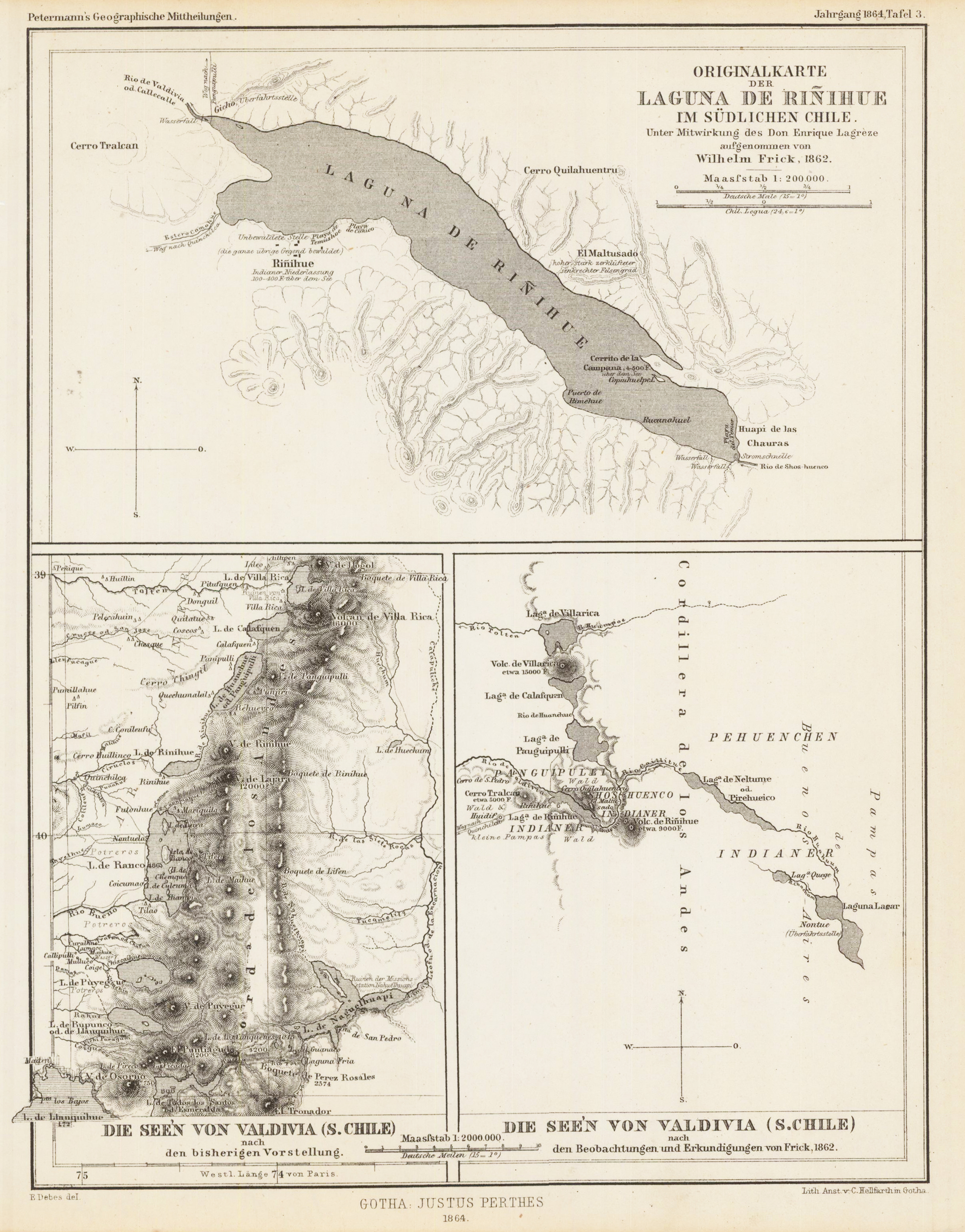 Originalkarte der Laguna de Rinihue im südlichen Chile. Unter Mitwirkung des Don Enrique Lagréze aufgenommen von Wilhelm Frick, 1862.