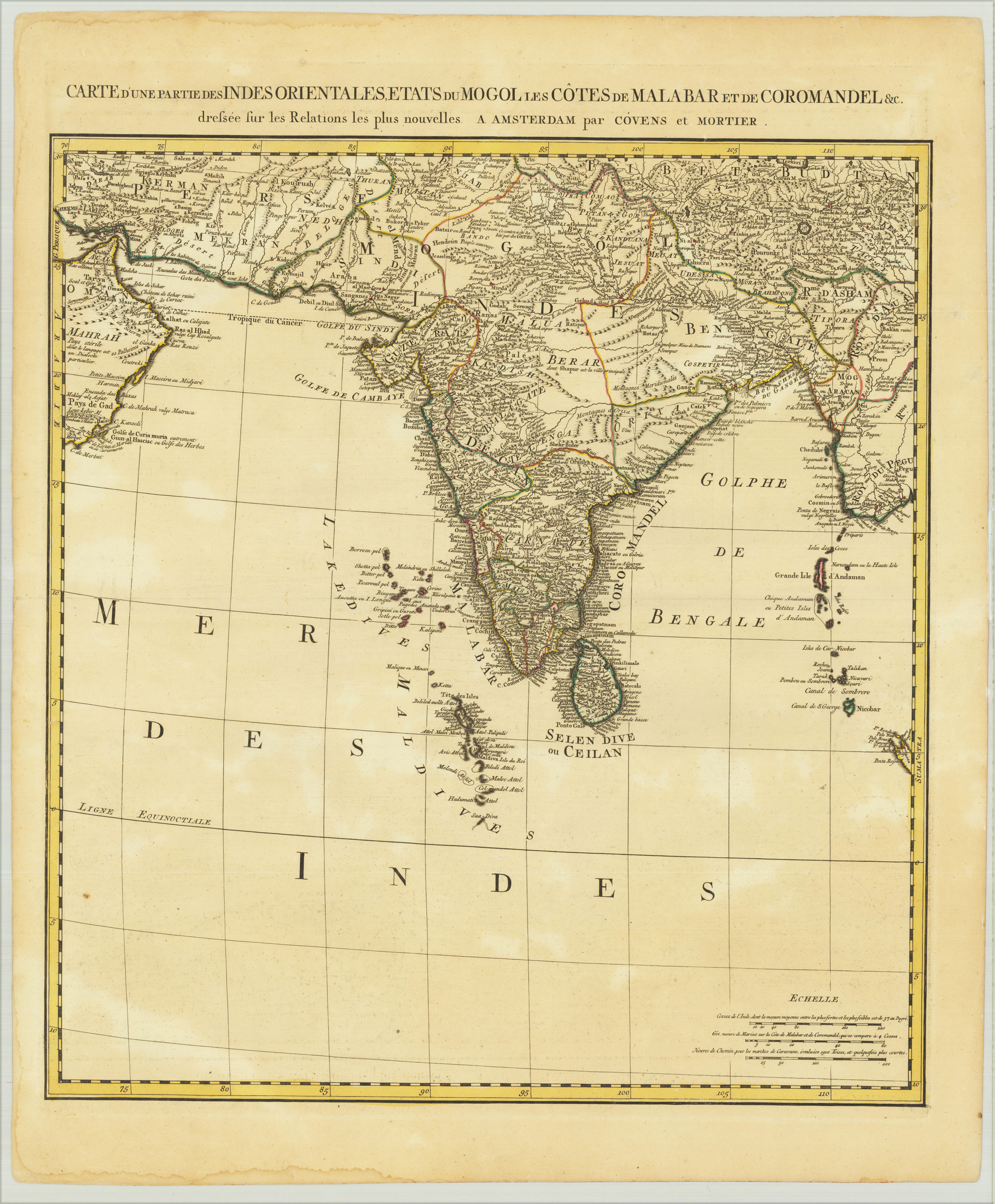 Carte d´une Partie des Indes Orientales, Etats Du Mogol les Cótes de Malabar et de Coromandel &amp; C. dressée sur le Relations le plus nouvelles. A Amsterdam par Covens et Moriter.